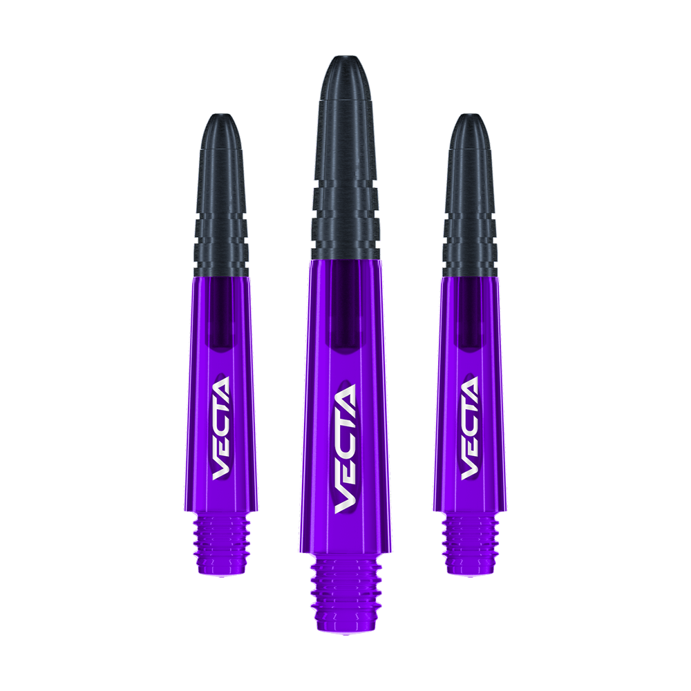 Winmau Vecta Shafts - Purple Black Auf dem Bild sind drei lilafarbene und schwarze Dartschäfte der Marke Vecta zu sehen. Die Schäfte sind 34 mm lang und werden als Set geliefert.
