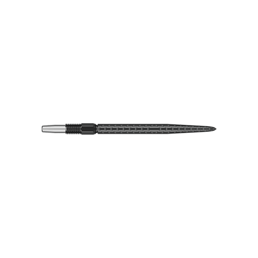 Target Swiss Point RVE dart tips - Black Das Bild zeigt eine schwarze Dartspitze mit geriffelter Struktur. Die Spitze ist lang und schmal, mit einem silbernen Abschnitt am hinteren Ende.