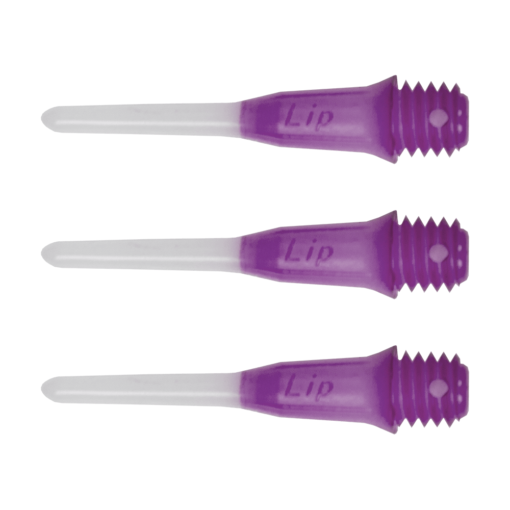 SLIPPTT-PU_L-Style_Two_Tone_Short_Lippoints_Purple_-30er_Pack Das Bild zeigt drei kurze, zweifarbige Dartspitzen mit lila Gewinde und weißer Spitze. Auf den Spitzen steht das Wort "Lip" eingraviert.
