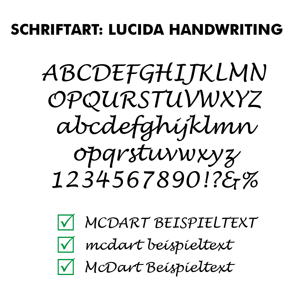 Flightdruck_Schriftart_LucidaHandwritingeLqD3vwHOj3BJ Das Bild zeigt die Schriftart "Lucida Handwriting" mit Beispielen für Groß- und Kleinbuchstaben, Zahlen und Sonderzeichen. Unten sind drei Textbeispiele mit Häkchen illustriert, die verschiedene Schreibweisen im gewählten Schriftstil zeigen.