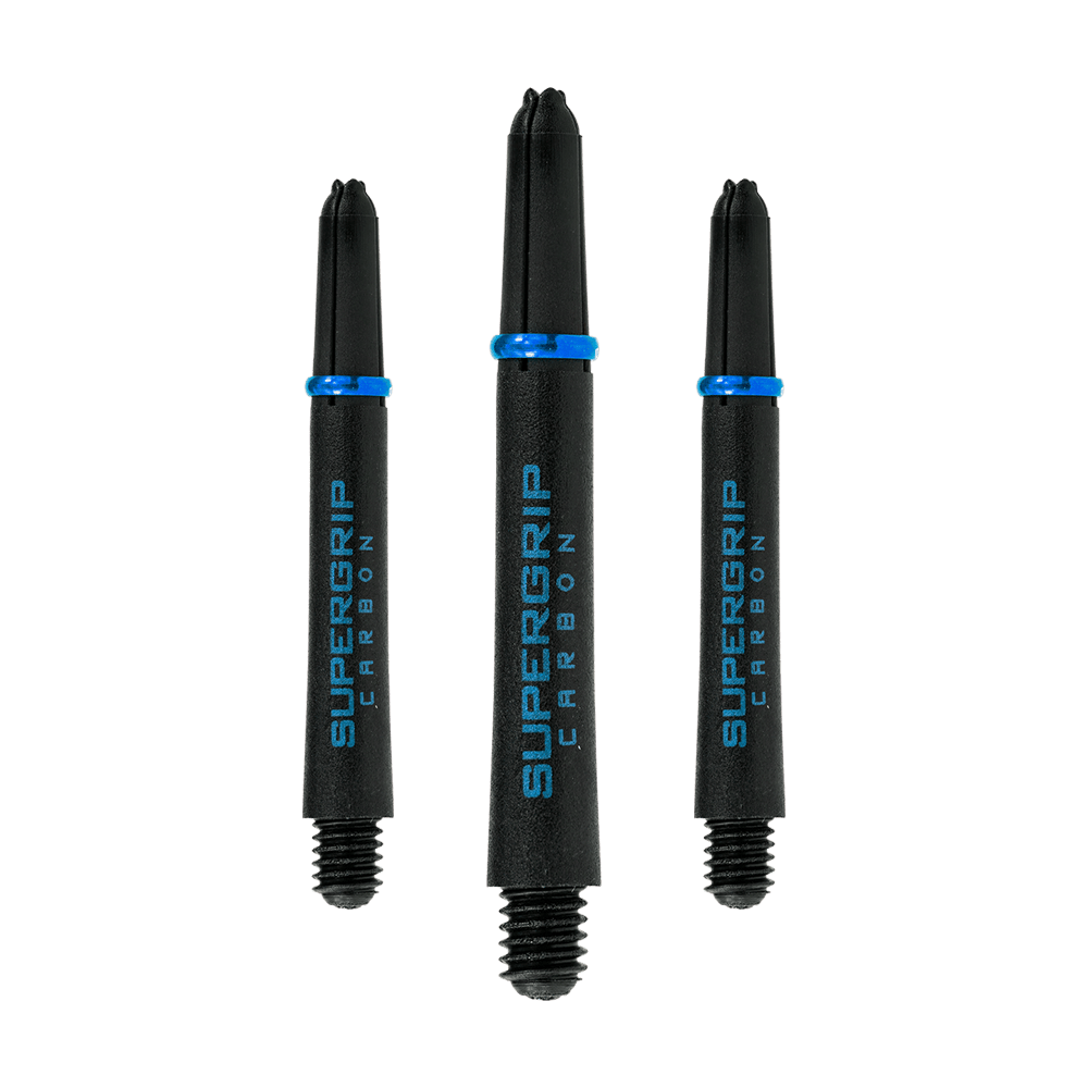 HR364_Harrows_Supergrip_Carbon_Shafts_Aqua_40mm_1b3eVBWLT6wk4u Das Bild zeigt drei Harrows Supergrip Carbon Shafts in der Farbe Aqua. Die Dartschäfte sind schwarz mit blauer Beschriftung und einem blauen Ring.