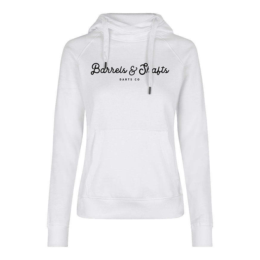 Barrels and Shafts Women's Hoodie - White Dies ist ein weißer Damen-Hoodie mit Kapuze und Kängurutasche. Auf der Vorderseite steht der Text "Barrels & Shafts Darts Co".