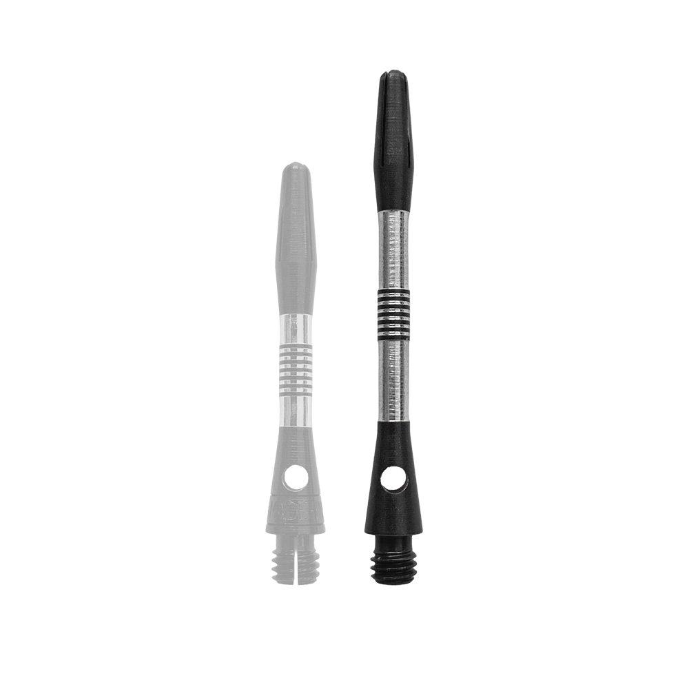 Bulls NL Cetra Aluminium Shafts - Black Gezeigt wird ein schwarzer Aluminium-Schaft für Dartpfeile. Der Schaft hat eine Länge von 34mm.