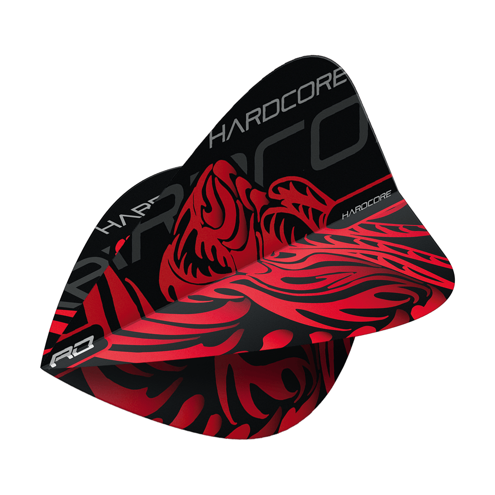 TF6500_Red_Dragon_Hardcore_Jonny_Clayton_Dragon_Kite_Flights_2 Dies ist ein Dartflight aus der Serie "Red Dragon Hardcore Jonny Clayton Dragon Kite Flights". Das Design ist schwarz mit einem auffälligen roten Drachenmotiv und dem Schriftzug "HARDCORE".