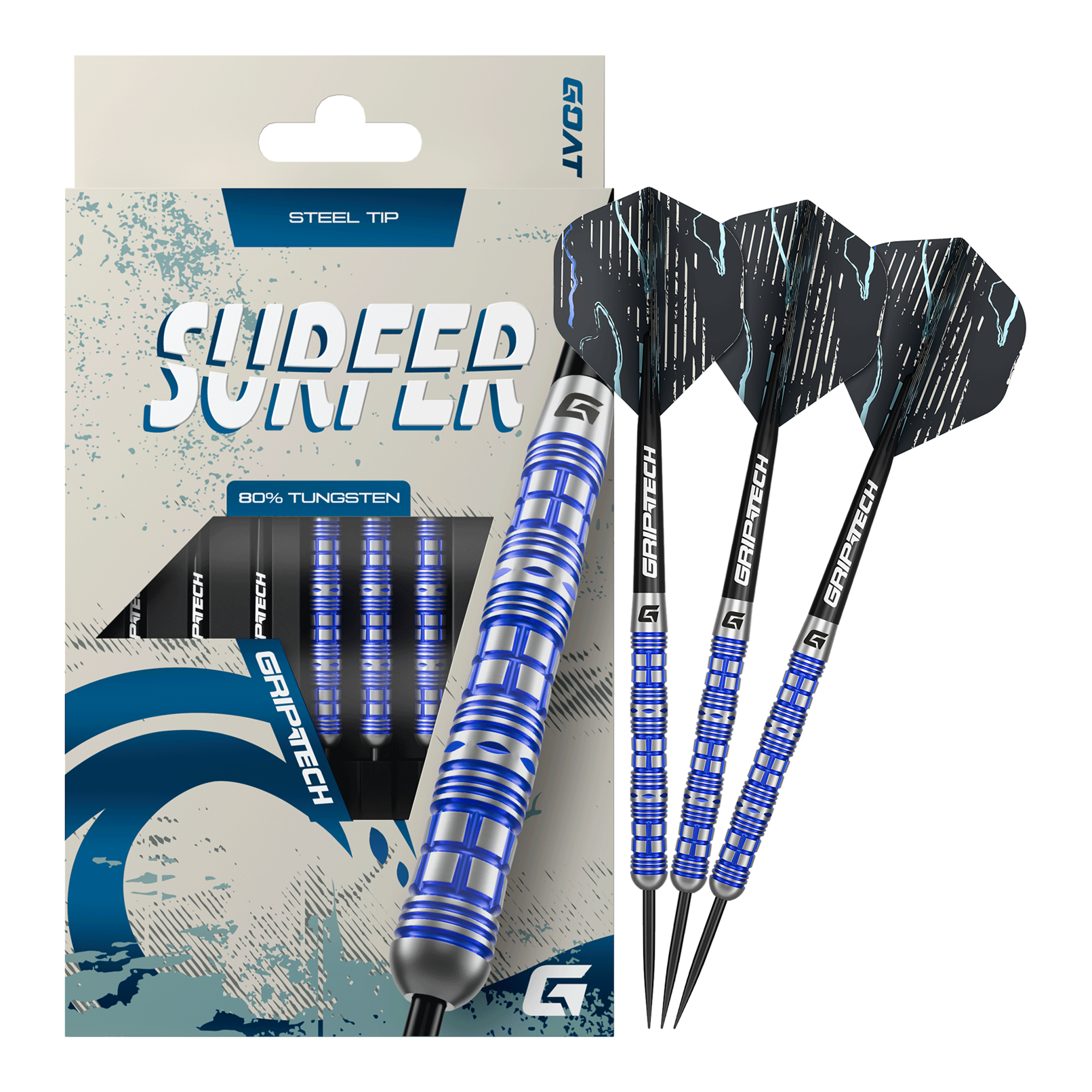 Das Foto präsentiert die GOAT Surfer Steeldarts. Sie sind ideal für Dart-Enthusiasten.