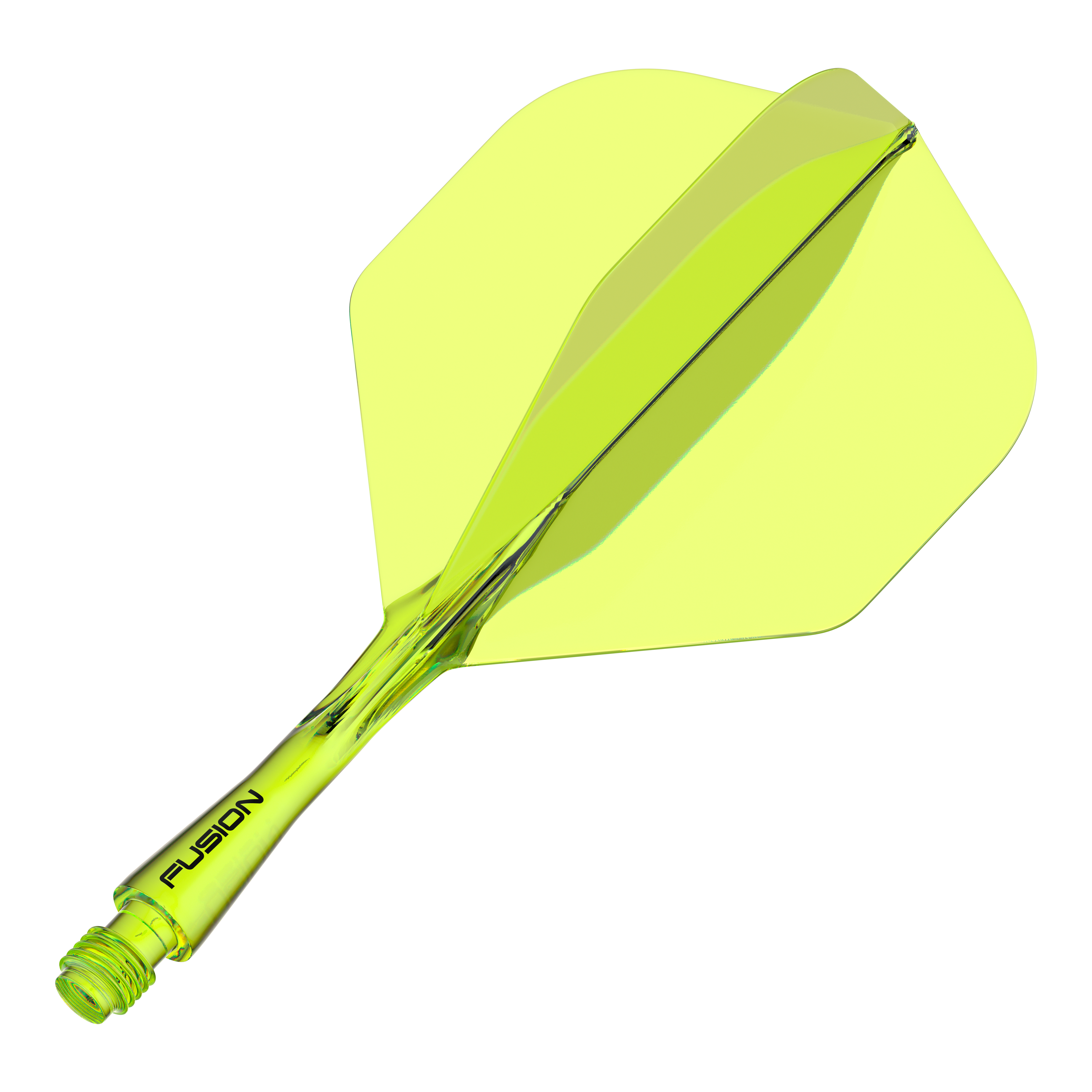 Winmau Fusion Flight Shaft System Standard Yellow Dies ist ein gelber Dartshaft mit integriertem Flight-System. Auf dem Schaft steht das Wort "FUSION" geschrieben.