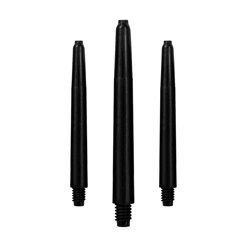 Das Bild zeigt drei schwarze Nylon-Schäfte für Dartpfeile. Sie sind in einer Reihe aufrecht angeordnet.