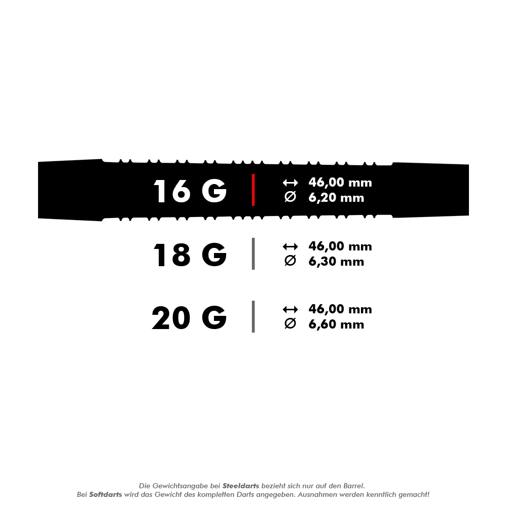 Harrows Supergrip Black Edition soft darts Das Bild zeigt drei verschiedene Gewichtsklassen von Darts: 16g, 18g und 20g, jeweils mit den entsprechenden Längen und Durchmessern. Die Länge beträgt bei allen Varianten 46,00 mm, während die Durchmesser je nach Gewicht variieren.
