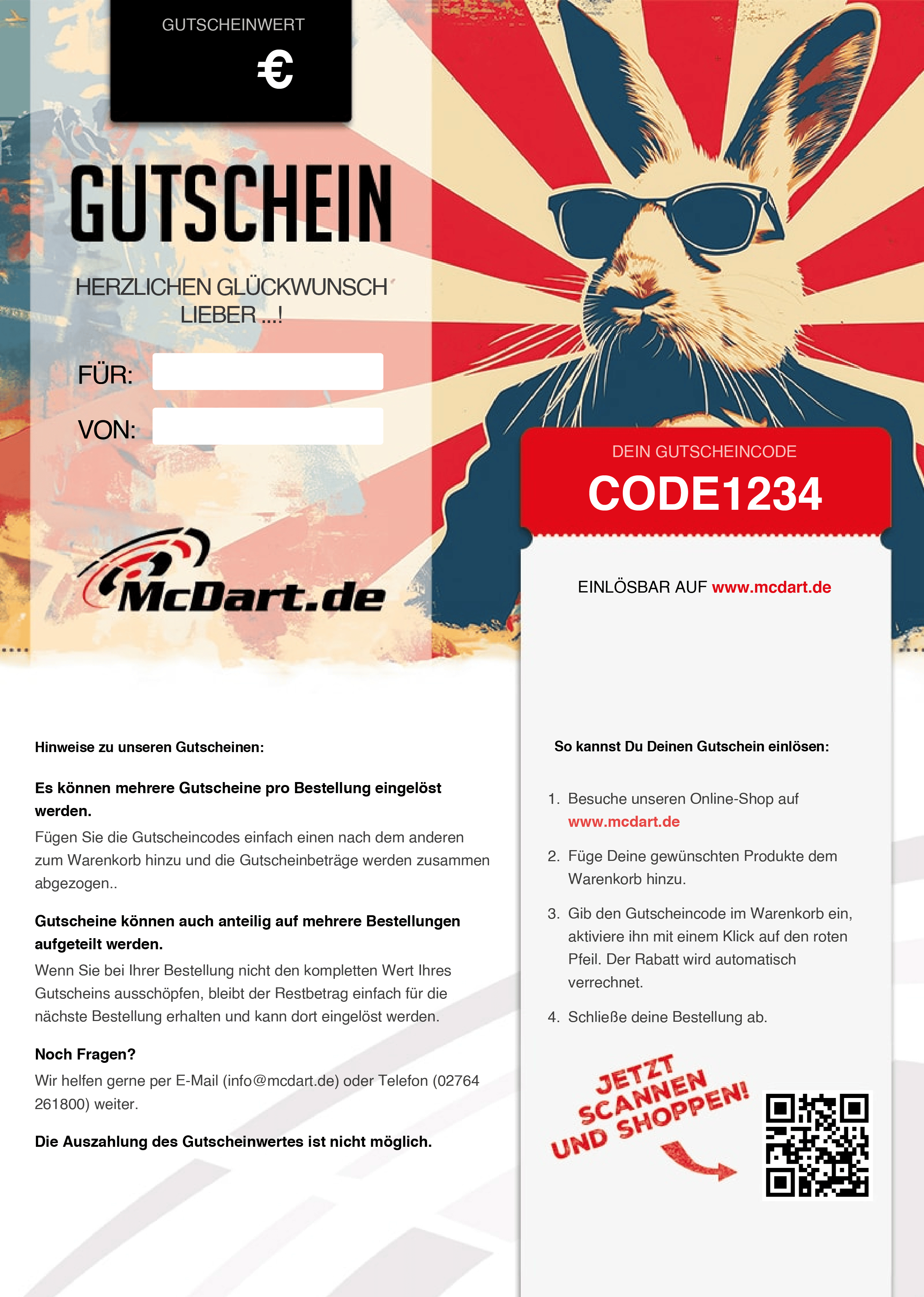 Auf dem Bild ist ein Gutschein von McDart.de mit einem coolen Hasen mit Sonnenbrille zu sehen. Rechts befindet sich ein rot hinterlegter Gutscheincode und Hinweise zur Einlösung im Online-Shop.