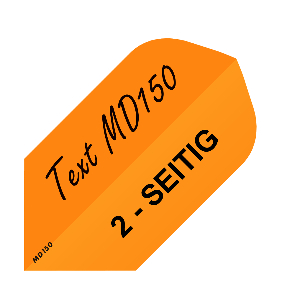 MD-254_2-Seitig_Bedruckte_Flights_Wunschtext_MD150_Neonorange_Slim_1 Das Bild zeigt einen neonorangen Dartflight mit schwarzer Aufschrift. Auf dem Flight steht "Text MD150" und "2-SEITIG".