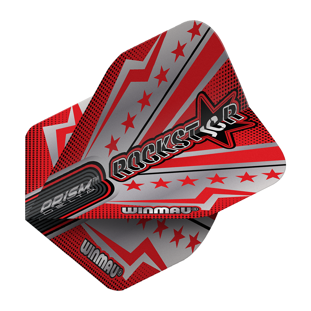 Winmau Prism Delta Joe Cullen Rockstar Series No2 Standard Flights Das Bild zeigt ein Dartflight aus der Winmau Prism Delta Joe Cullen Rockstar Series No2 Standard Flights. Das Design ist in Rot, Silber und Schwarz gehalten und zeigt Sterne sowie das Wort "Rockstar" in großer Schrift.
