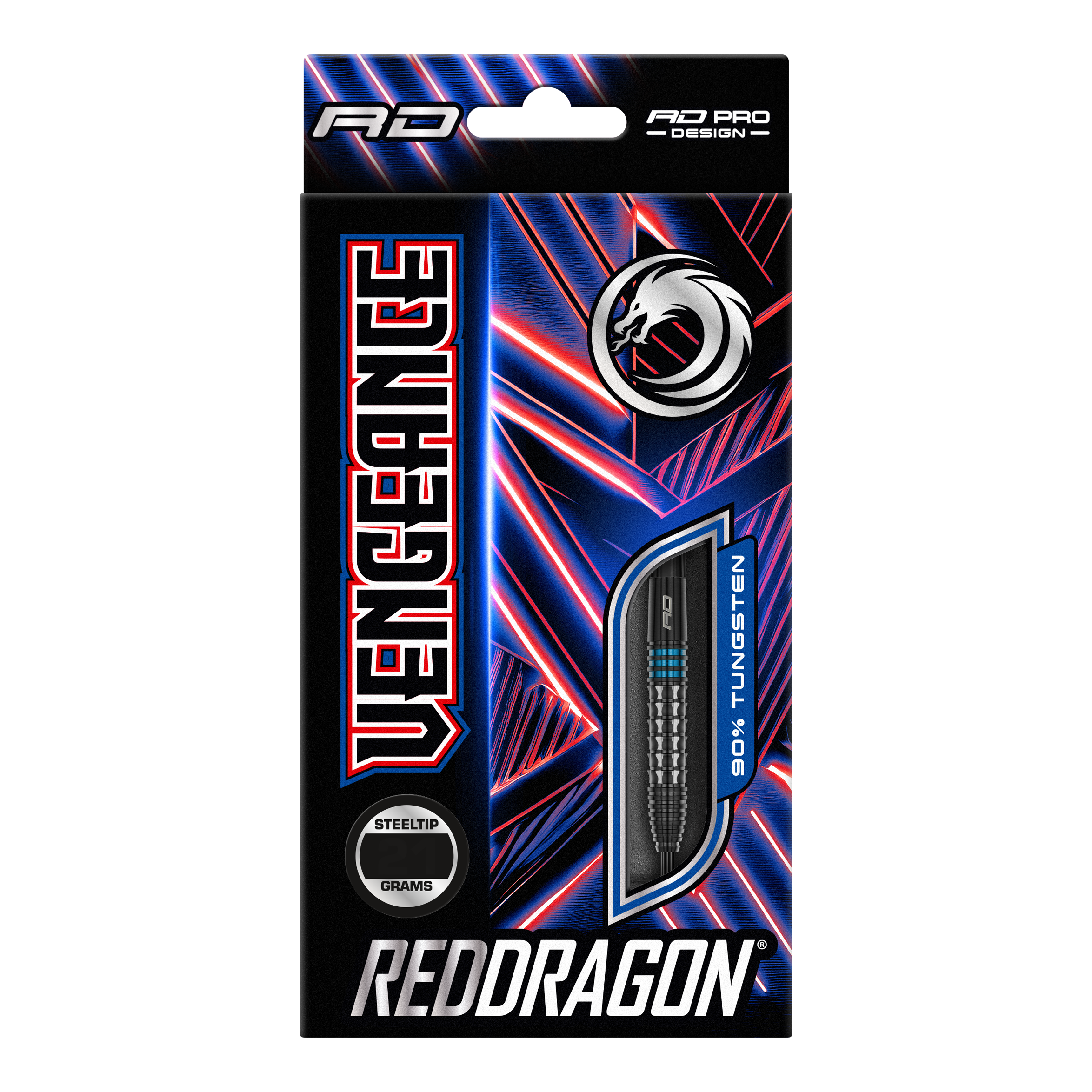 Auf dem Bild ist die Verpackung der "Red Dragon Vengeance Blue Steeldarts" zu sehen. Die Schachtel ist schwarz mit blauen und roten Akzenten und zeigt einen Dartpfeil mit dem Hinweis auf 90% Tungsten.