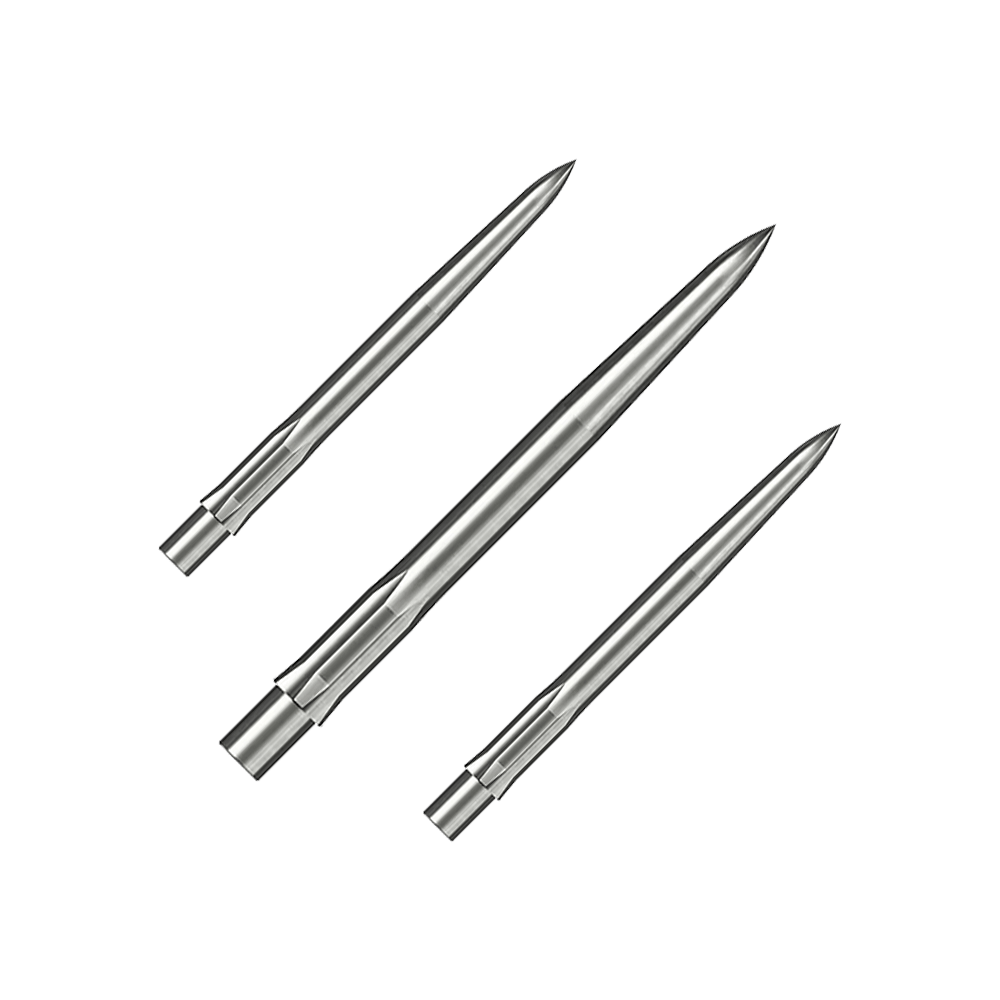 Caliburn System Steel Dart Tips - Smooth - Silver Das Bild zeigt drei silberne, glatte Steeldartspitzen. Sie liegen parallel nebeneinander auf weißem Hintergrund.