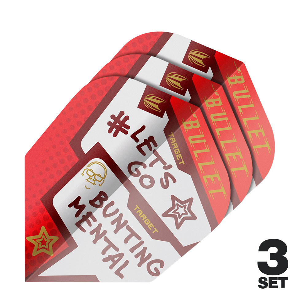 Target Pro Ultra Stephen Bunting Mental No6 Flights - 3 Sets Das Bild zeigt drei Sets der Target Pro Ultra Stephen Bunting Mental No6 Flights für Dartpfeile. Die Flights sind rot und weiß gestaltet und tragen die Aufschrift "#LET'S GO BUNTING MENTAL".