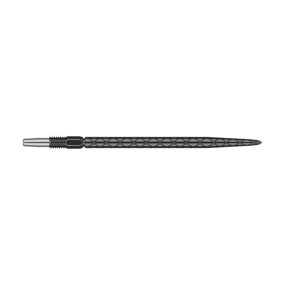 Target Swiss Diamond Pro Black Points dart tips Dies ist eine schwarze Dartspitze mit diamantförmiger Struktur. Sie ist schlank und misst etwa 40 mm in der Länge.
