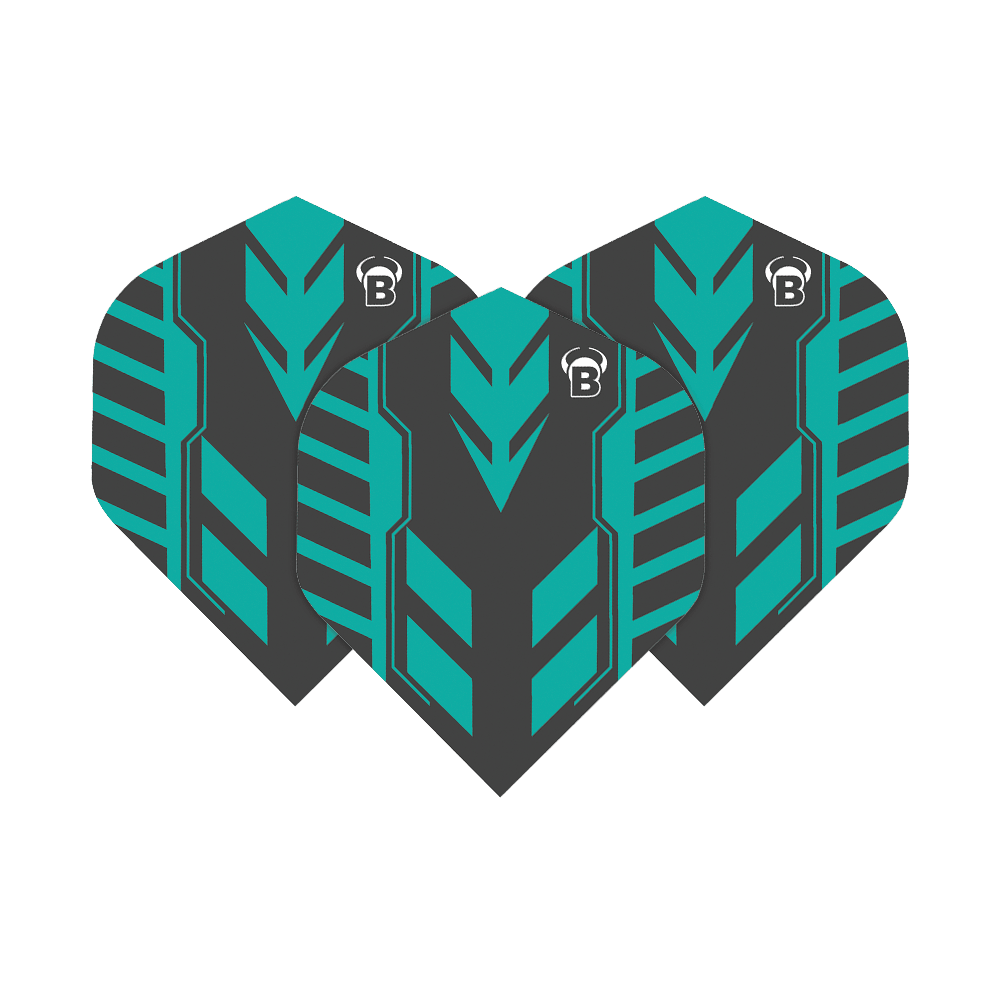 Bulls B-Star Veco No2 Standard Flights Das Bild zeigt drei schwarze Dartflights mit türkisfarbenem Pfeilmuster. Oben ist das weiße Bulls-Logo zu sehen.