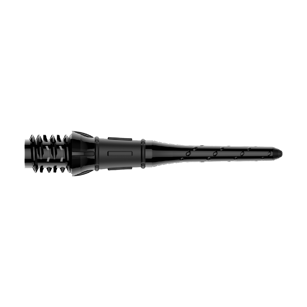 Auf dem Bild ist eine schwarze Dartspitze zu sehen. Sie hat ein schlankes Design mit kleinen Einkerbungen und Details entlang der Spitze.