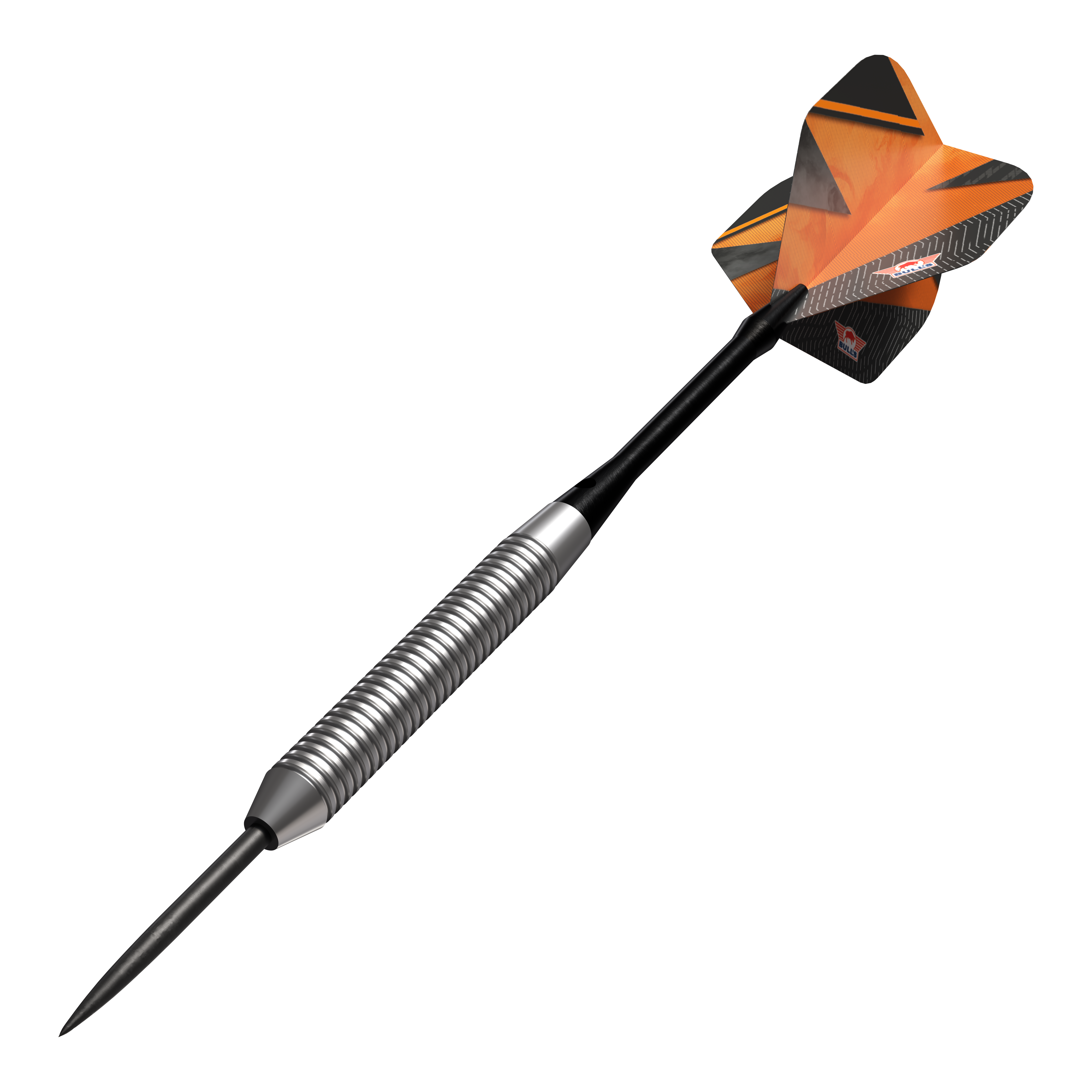 Bulls NL Lightning Orange Steel Darts Das Bild zeigt einen Bulls NL Lightning Orange Steeldart. Der Dart hat einen silbernen, gerillten Schaft und orangene Flights mit schwarzen Akzenten.