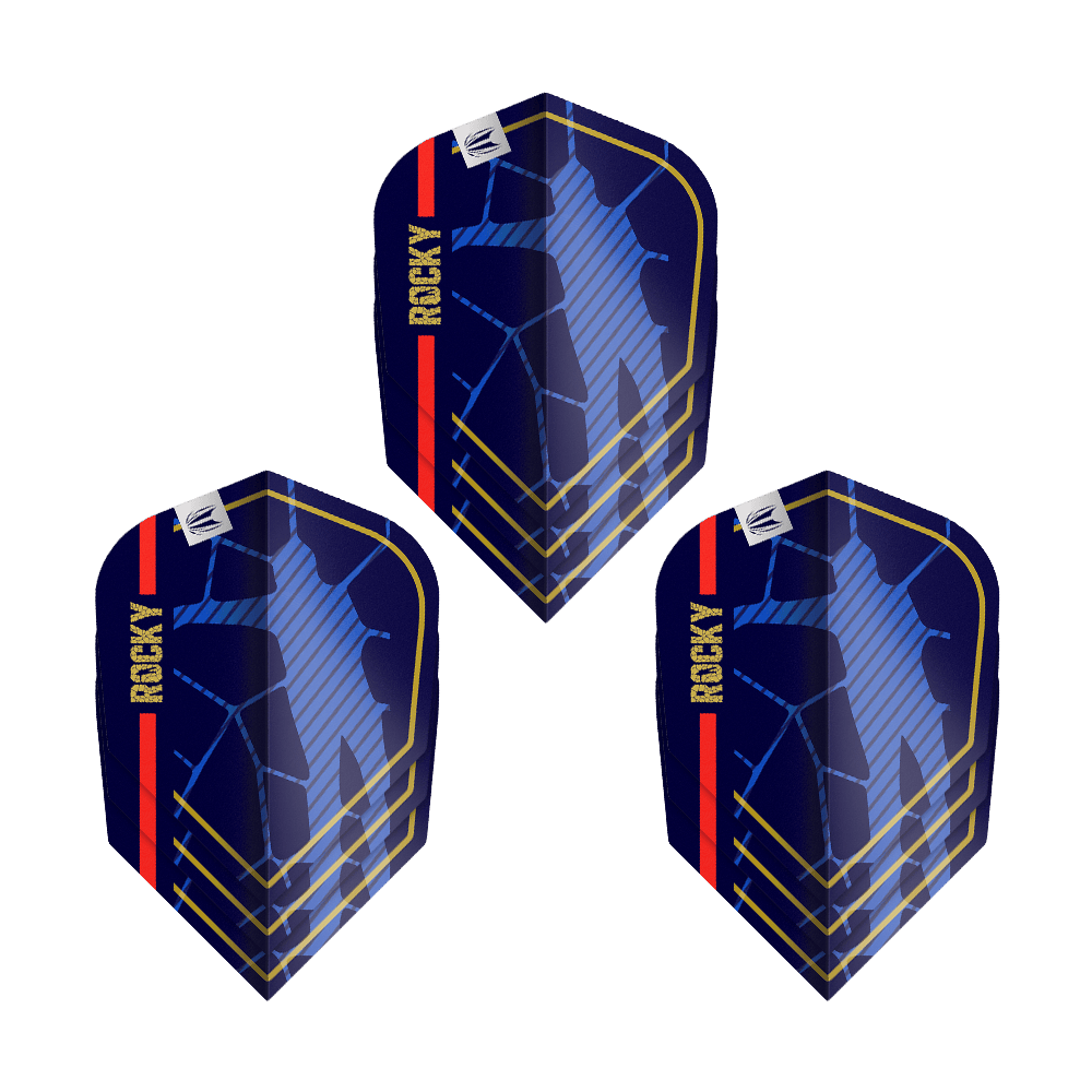 Target Pro Ultra Josh Rock GEN1 No6 Flights - 3 Sets Das Bild zeigt drei Dartflights des Produkts „Target Pro Ultra Josh Rock GEN1 No6 Flights - 3 Sets“. Die Flights sind dunkelblau mit goldenen Linien, einer roten Streifen und dem Schriftzug „ROCKY“ versehen.