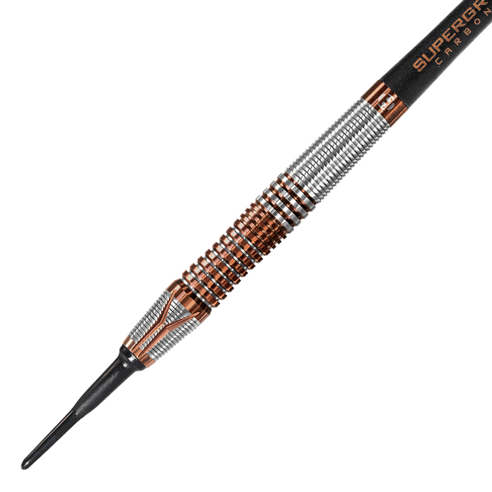 HA33850_Harrows_Toro_Softdarts_2 Dies ist ein Softdartpfeil mit einer geriffelten Silber- und Kupferoberfläche. Die Spitze ist aus schwarzem Kunststoff gefertigt.
