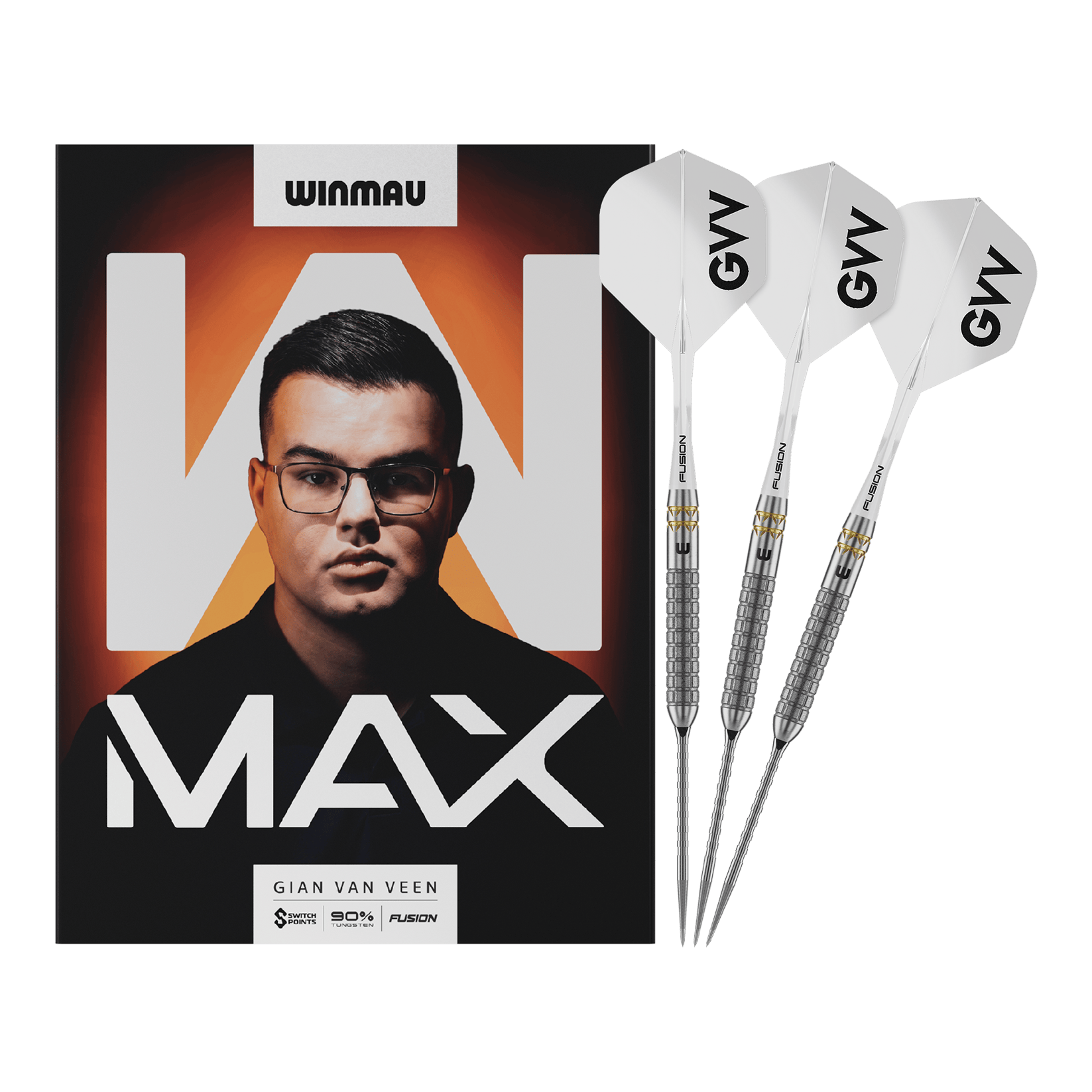 Winmau Gian Van Veen W-MAX Switch Point steel darts Das Bild zeigt Winmau Gian Van Veen W-MAX Switch Point Steeldarts in voller Länge. Alle Details des Darts sind sichtbar.