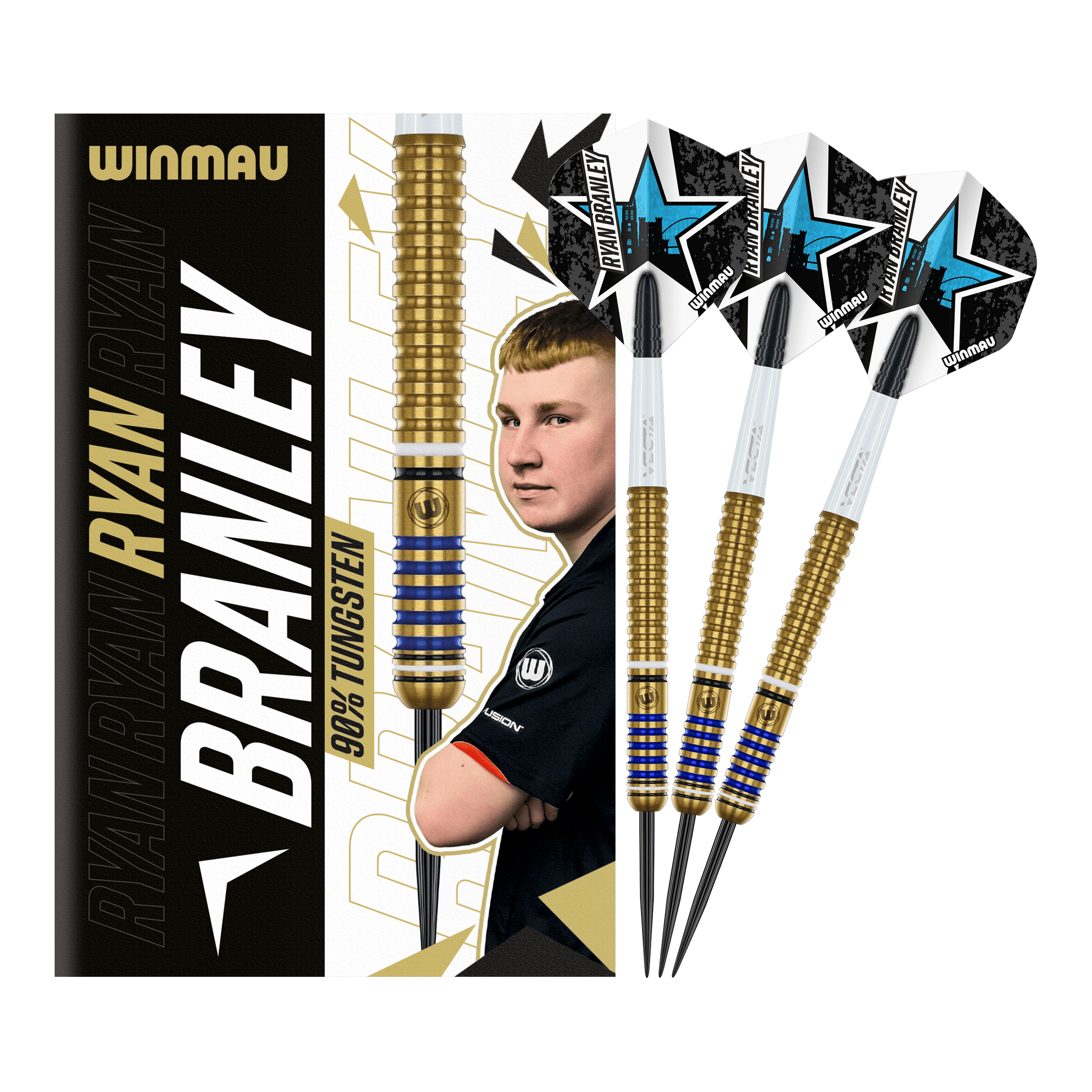 Das Bild zeigt die Winmau Ryan Branley Steeldarts mit einem Gewicht von 23 Gramm. Die Darts sind goldfarben mit blauen Ringen und werden zusammen mit einer Verpackung präsentiert, auf der ein Porträt von Ryan Branley abgebildet ist.