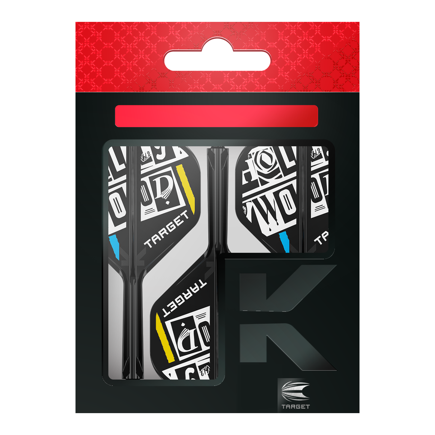 Target K-Flex Chris Dobey No2 Standard Flight Shaft System Das Bild zeigt eine Packung der "Target K-Flex Chris Dobey No2 Standard Flights". Die Flights sind schwarz-weiß mit gelben und blauen Akzenten gestaltet und befinden sich in einer schwarzen Verpackung mit rotem Aufhänger.