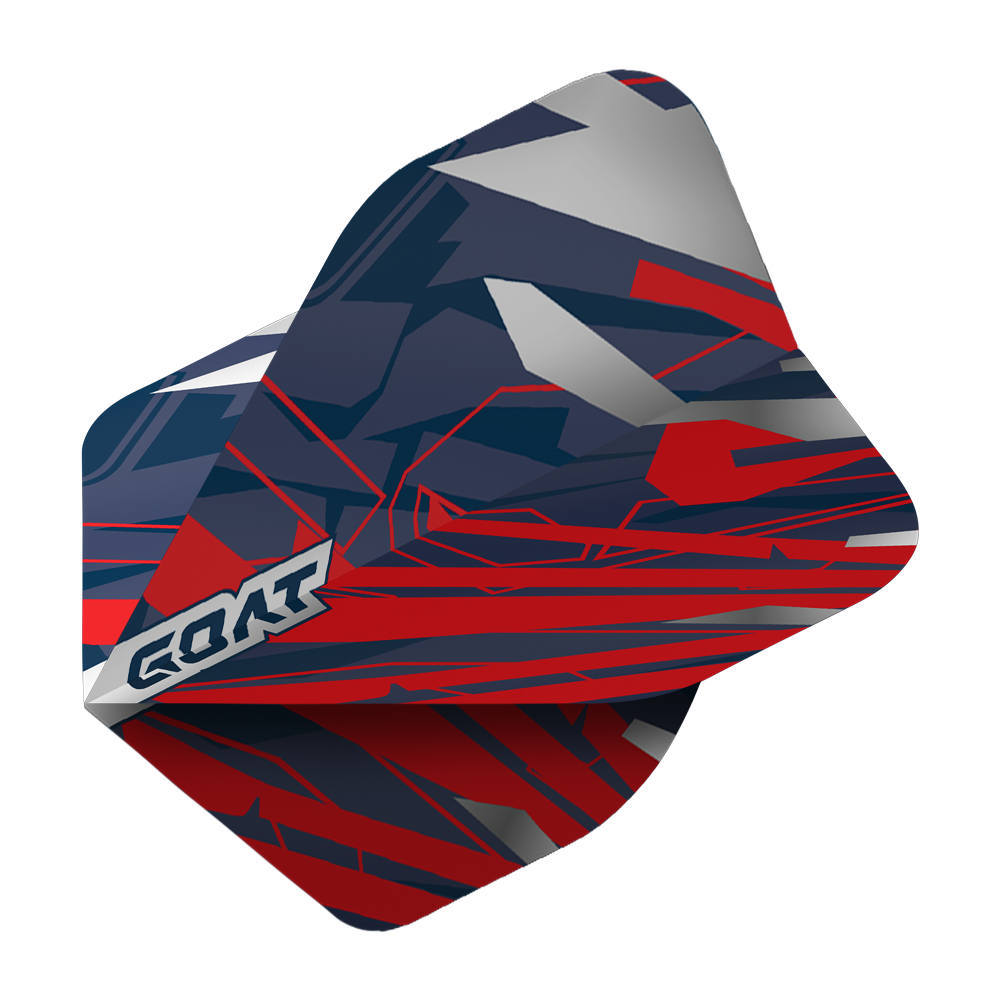 Das Bild zeigt das Produkt „GOAT Homerun No2 Standard Flights“. Die Dartflights haben ein modernes, abstraktes Design in Rot, Blau und Grau mit dem GOAT-Logo an der Seite.