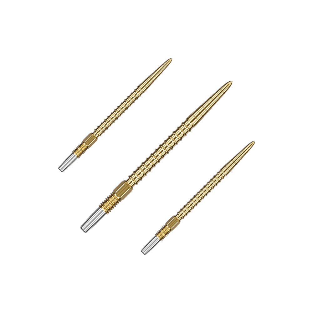 Target Swiss Point Chrono Dart Tips - Gold Das Bild zeigt drei goldfarbene Dartspitzen mit silbernem Gewinde am hinteren Ende. Sie sind gleichmäßig angeordnet und haben ein schlankes, spitzes Design.