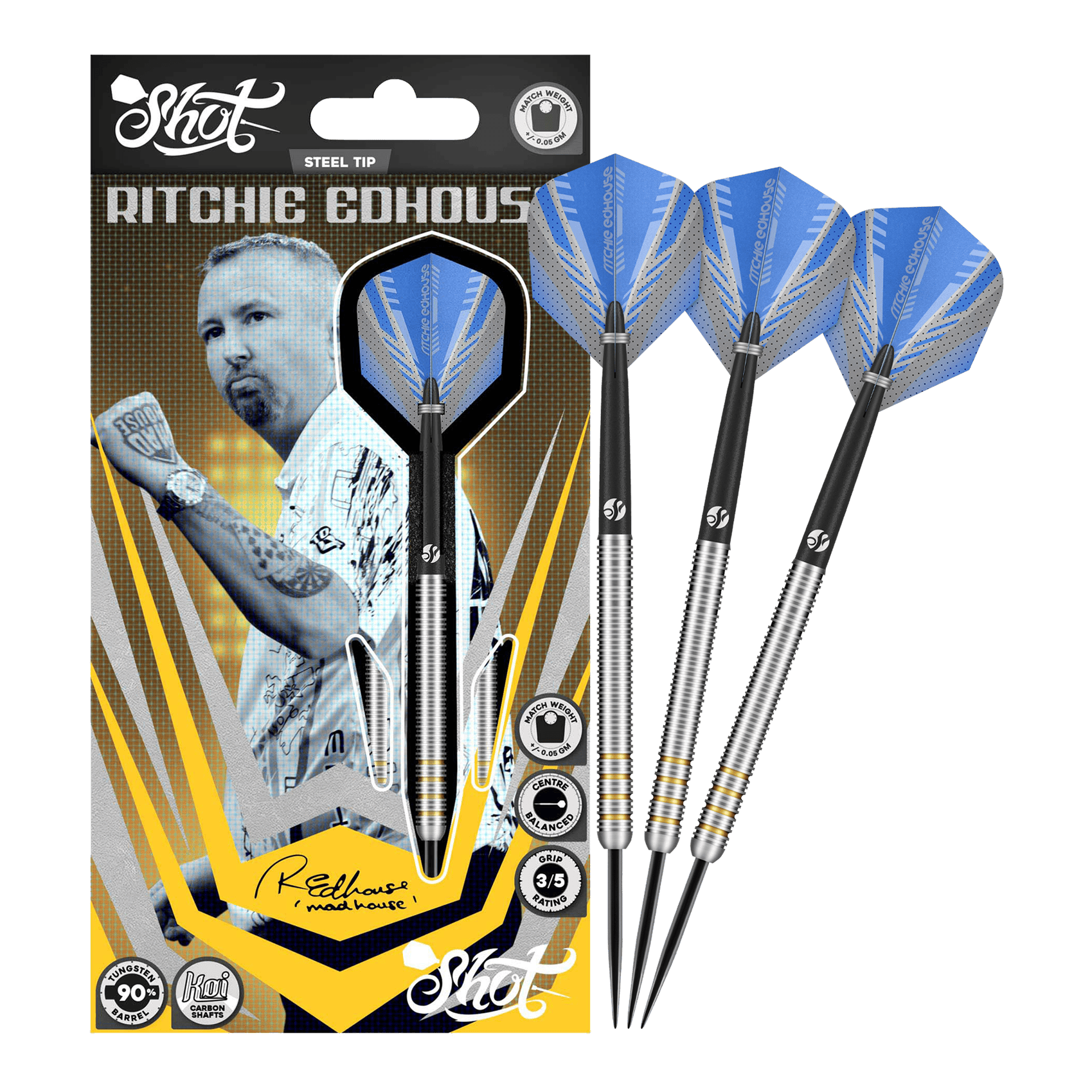 Abgebildet sind die Shot Ritchie Edhouse Core Steeldarts in voller Ansicht. Sie überzeugen durch ihr hochwertiges Design.