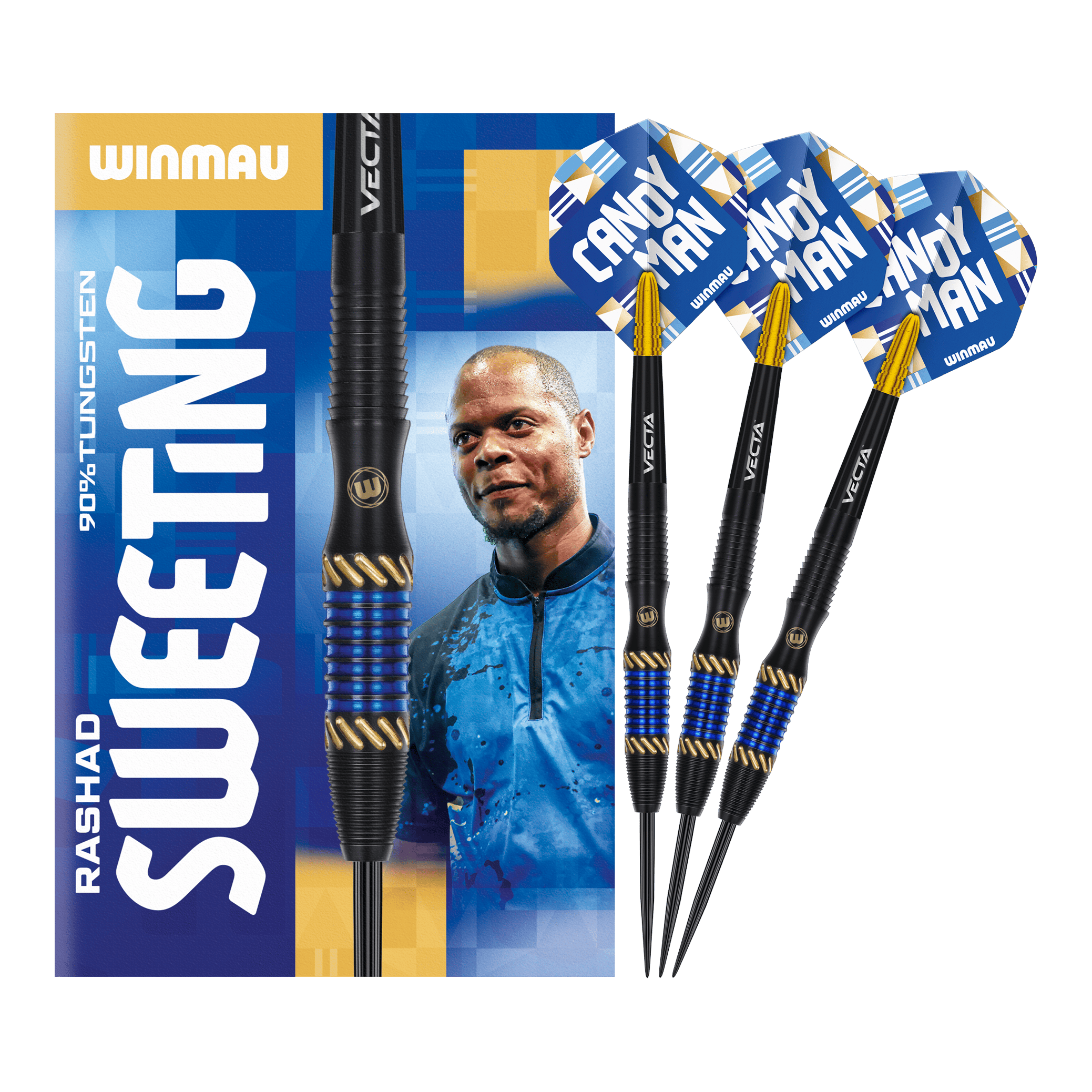 Auf dem Bild sind die Winmau Rashad Sweeting Steeldarts - 24g zu sehen. Die Verpackung zeigt ein Porträt von Rashad Sweeting und die drei Darts sind mit blauen und goldenen Akzenten gestaltet.