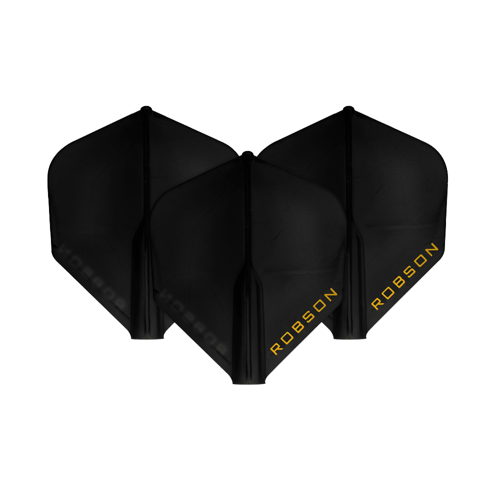Auf dem Bild sind drei schwarze Dart-Flights zu sehen. Auf jedem Flight steht das Wort "ROBSON" in gelber Schrift.