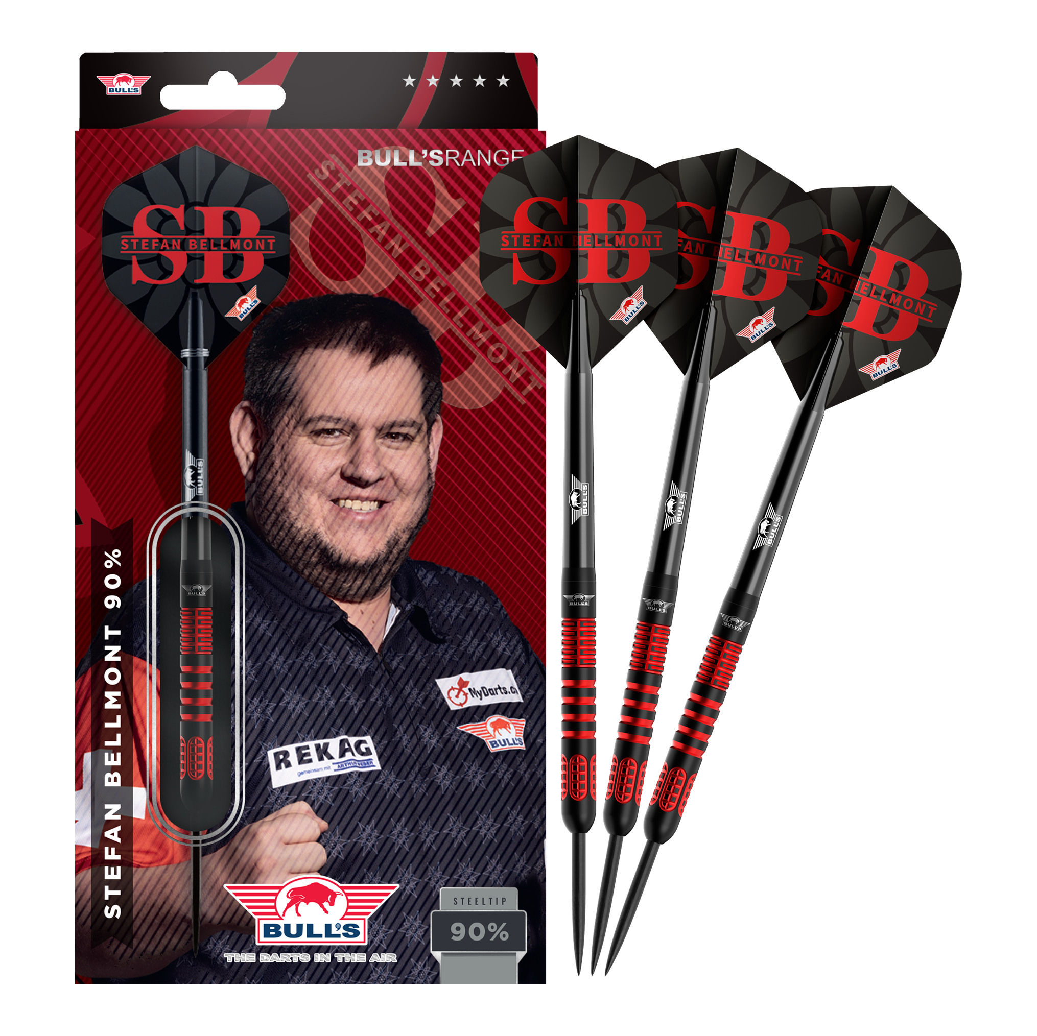 Das Bild zeigt die vollständigen Bulls NL Stefan Bellmont 90 Steeldarts 23g. Die Darts sind in einem Set abgebildet und überzeugen durch ihre Verarbeitung.