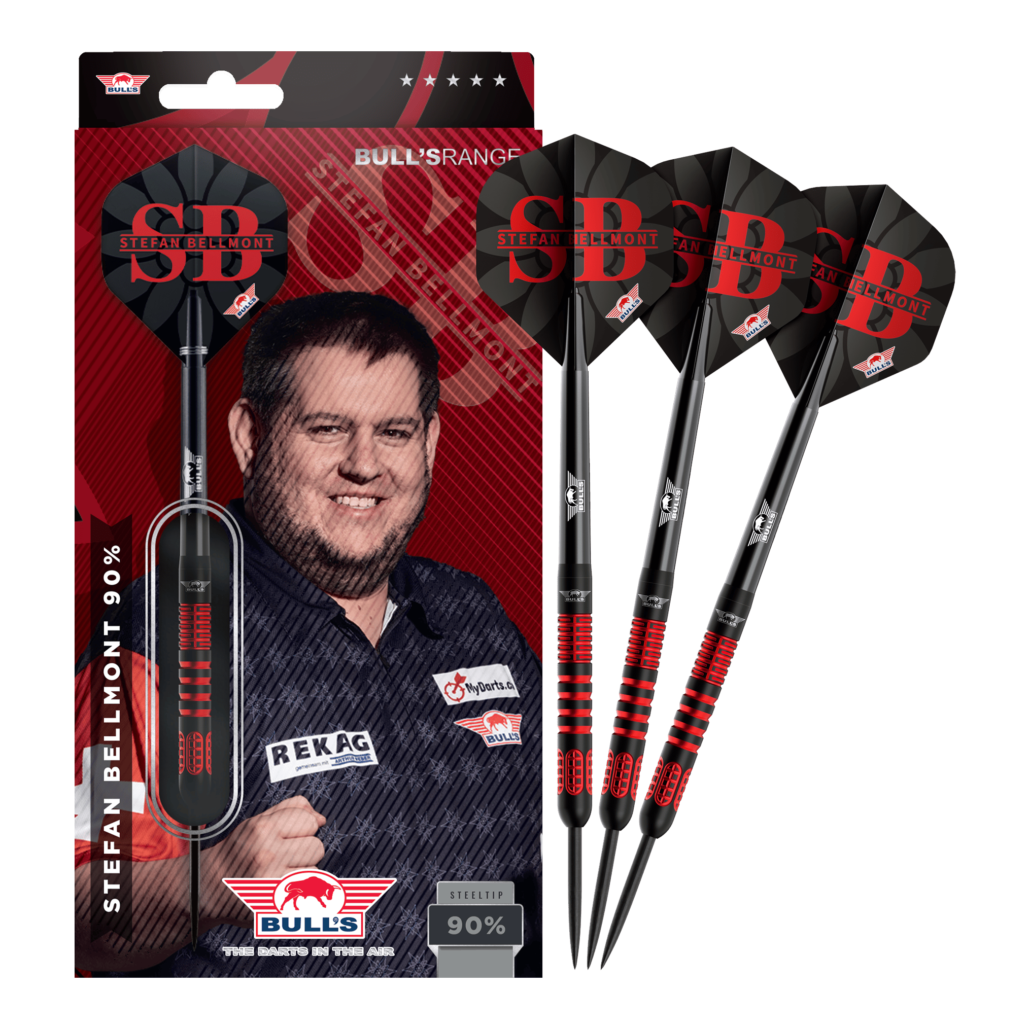Bulls NL Stefan Bellmont 90 steel darts - 23g Das Bild zeigt die vollständigen Bulls NL Stefan Bellmont 90 Steeldarts 23g. Die Darts sind in einem Set abgebildet und überzeugen durch ihre Verarbeitung.