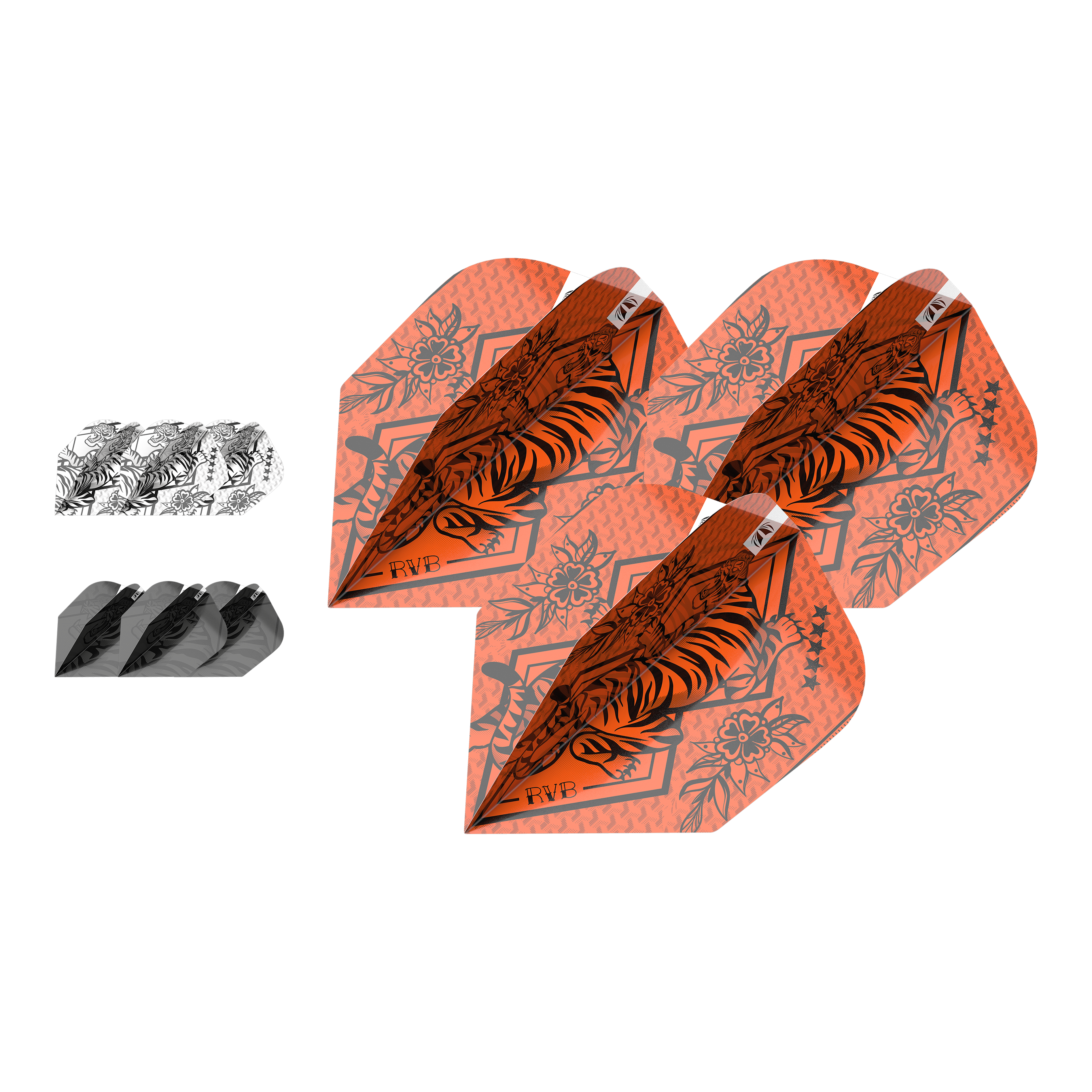 Target Ink Bundle 3 Sets Raymond Van Barneveld No6 Flights Das Bild zeigt drei verschiedene Sets von Dart-Flights in auffälligen Farben und Mustern. Im Vordergrund sind orangefarbene Flights mit einem Tiger-Design und den Initialen "RVB" zu sehen.