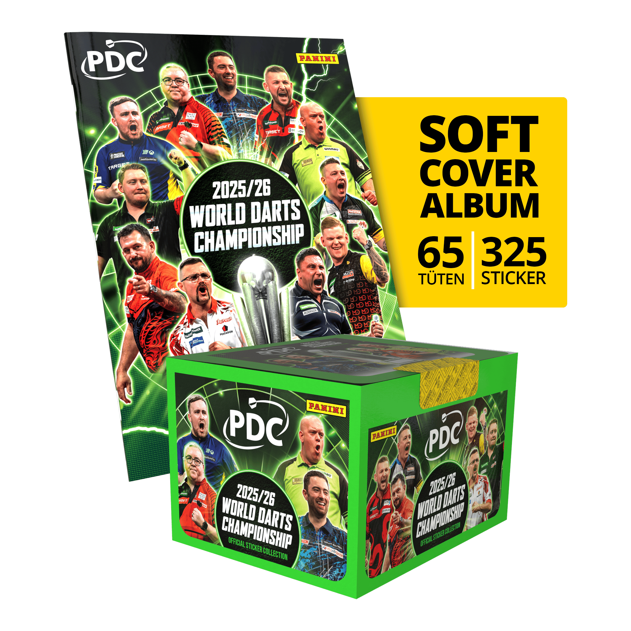 Panini PDC World Darts Championship 2025/26 - Softcover Bundle with a sticker box Das Bild zeigt das Panini PDC World Darts Championship 2025/26 Softcover Bundle mit einer Stickerbox. Dieses Bundle enthält ein Softcover-Album und eine Box voller Sticker.
