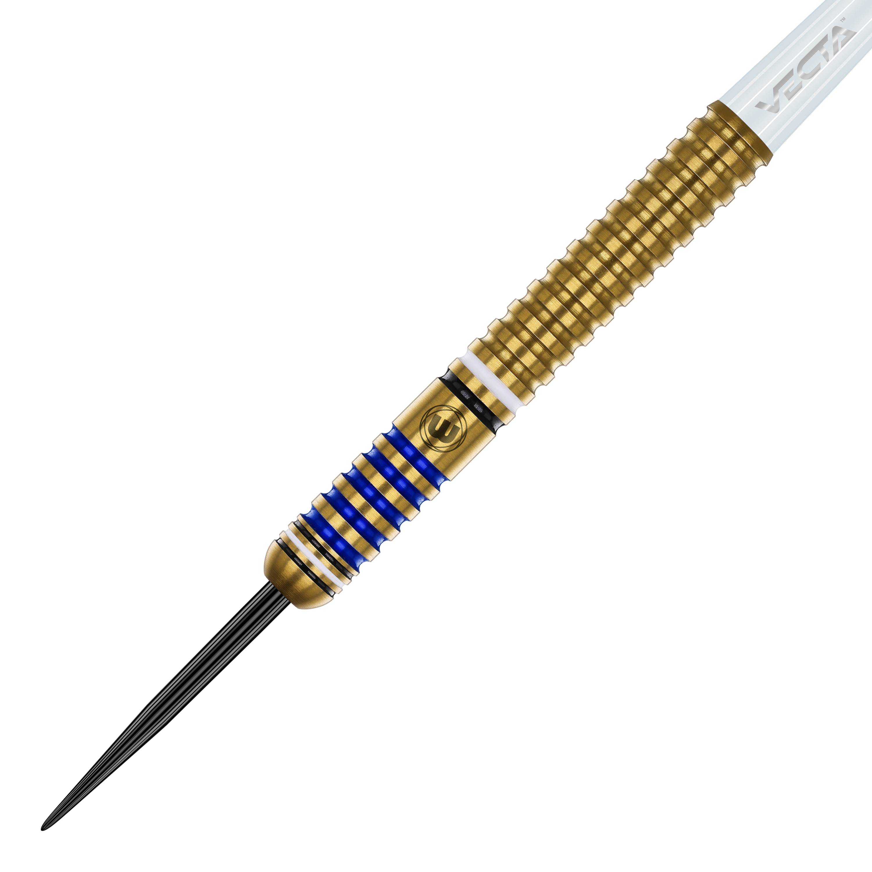 Winmau Ryan Branley Steel Darts - 23g Der Winmau Ryan Branley Steeldart mit 23g Gewicht ist auf dem Bild zu sehen. Er hat ein goldfarbenes Griffstück mit blauen und weißen Ringen und einer schwarzen Spitze.