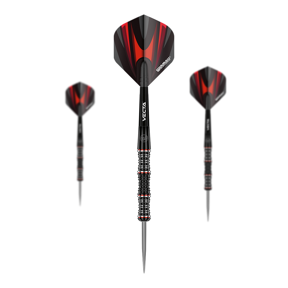 Winmau Mervyn King Special Edition Steeldarts Das Bild zeigt drei Winmau Mervyn King Special Edition Steeldarts. Die Darts haben ein schwarzes und rotes Design mit silberner Spitze.