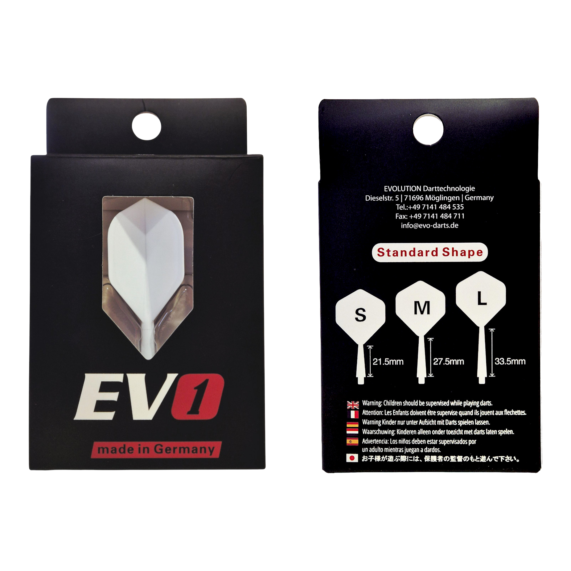 Abgebildet ist das Evolution EVO1 Flight-Shaft-System in der Farbe Weiß. Der Artikel eignet sich als hochwertiges Dartzubehör.