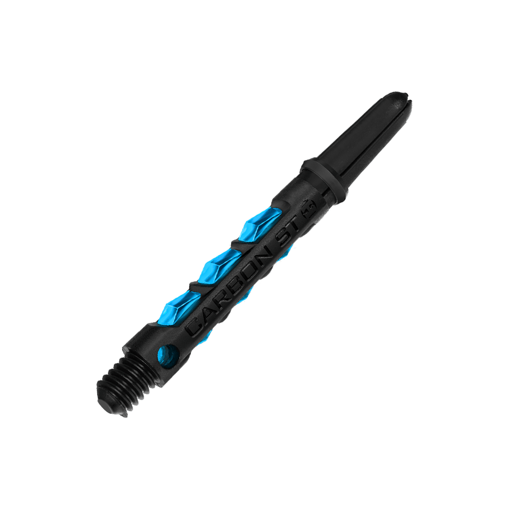 HR411_Harrows_Carbon_ST_Shafts_Aqua_40mm_2 Das Bild zeigt einen Harrows Carbon ST Shaft in der Farbe Aqua. Der Schaft ist schwarz mit blauen Akzenten und dem Schriftzug "CARBON ST".