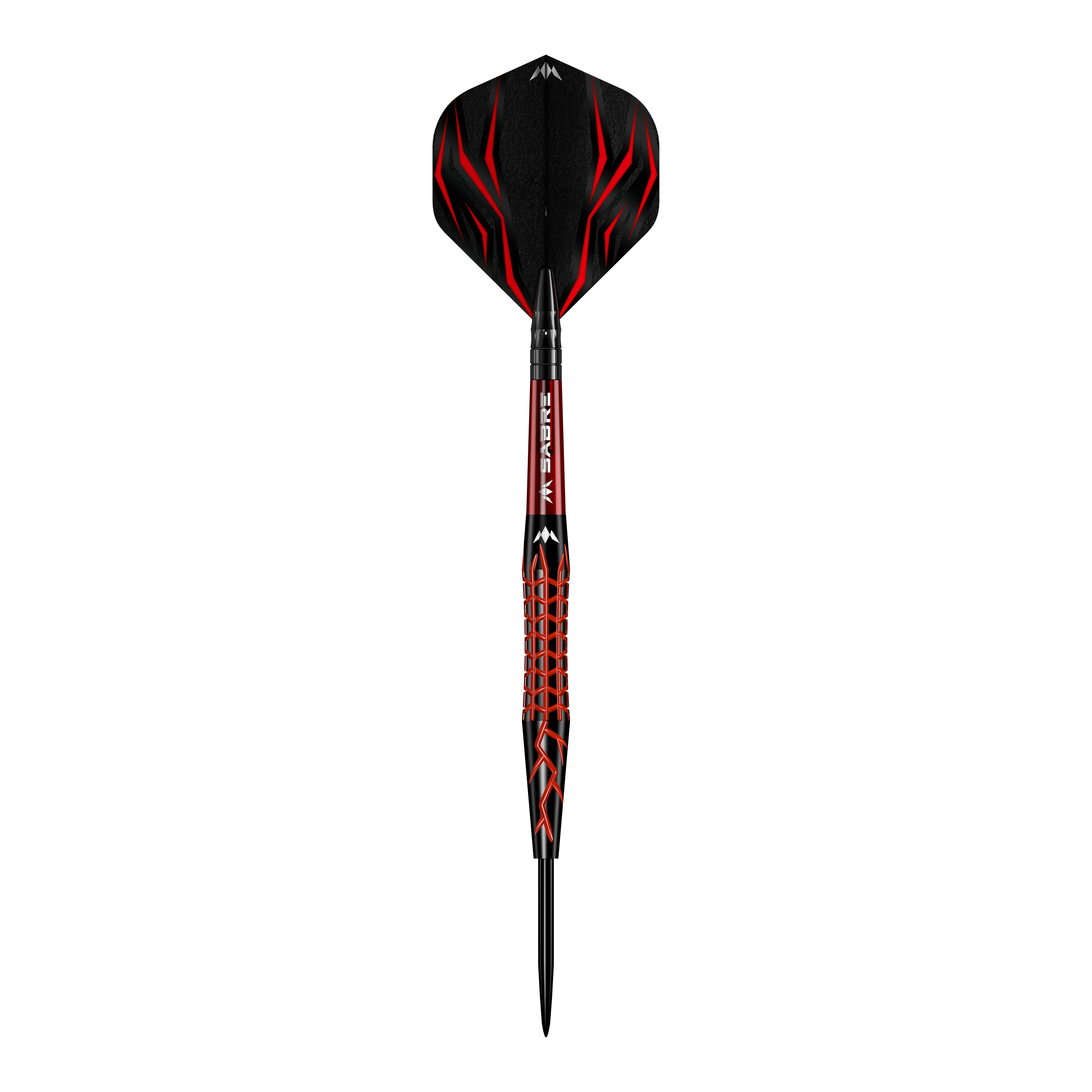 Mission Lava Steeldarts Das Bild zeigt einen Mission Lava Steeldart mit auffälligem schwarzen und roten Design. Der Dart hat eine strukturierte Oberfläche und eine spitze Metallspitze.