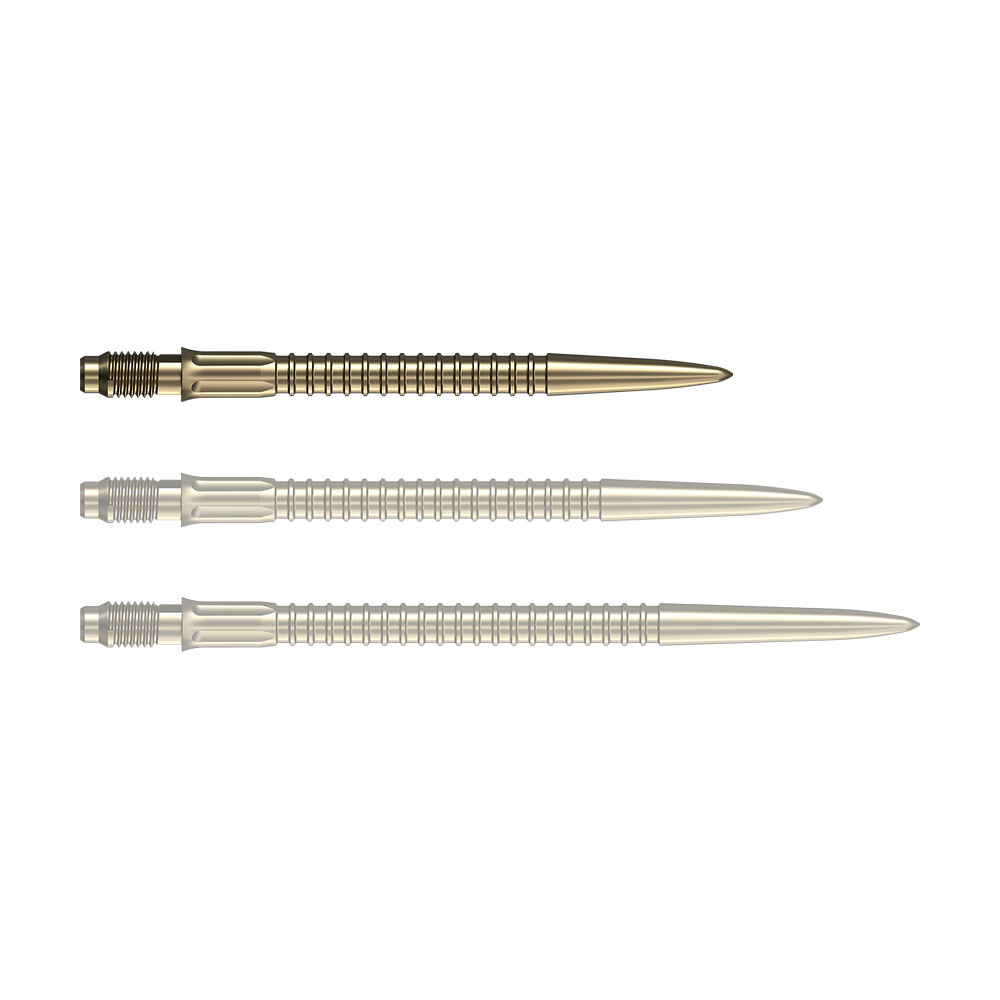 Mission R2.5 Rapid Point GV1 Dart Tips - Gold Goldene Dartspitzen liegen nebeneinander auf einer weißen Fläche. Diese Spitzen eignen sich für das Dartspiel.