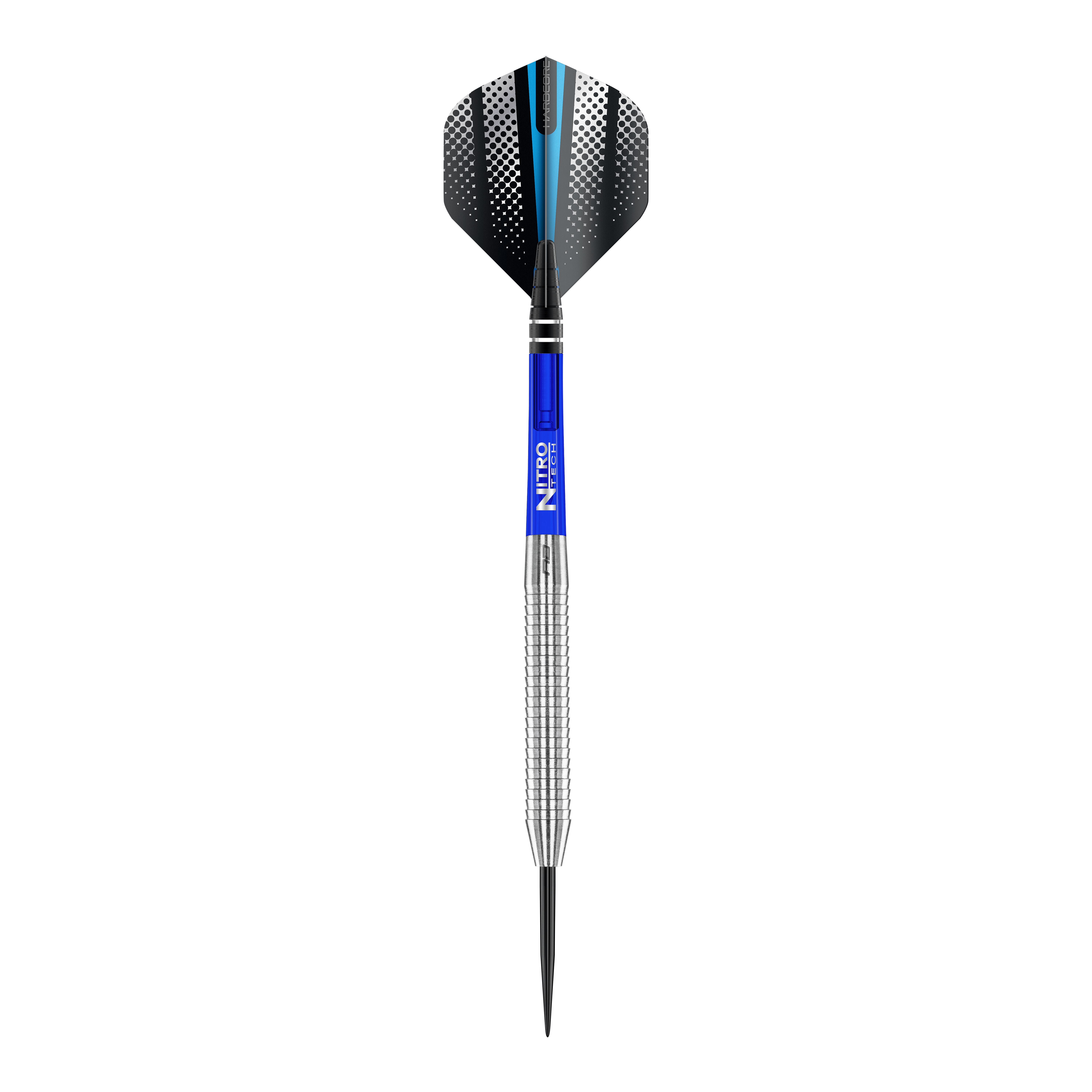 Red Dragon Razor Edge Original Steel Darts Das Bild zeigt einen Red Dragon Razor Edge Original Steeldart mit einem Gewicht von 24g. Der Dart hat einen silbernen, geriffelten Schaft, einen blauen Mittelteil und schwarze Flights mit weißen Punkten und einem blauen Streifen.