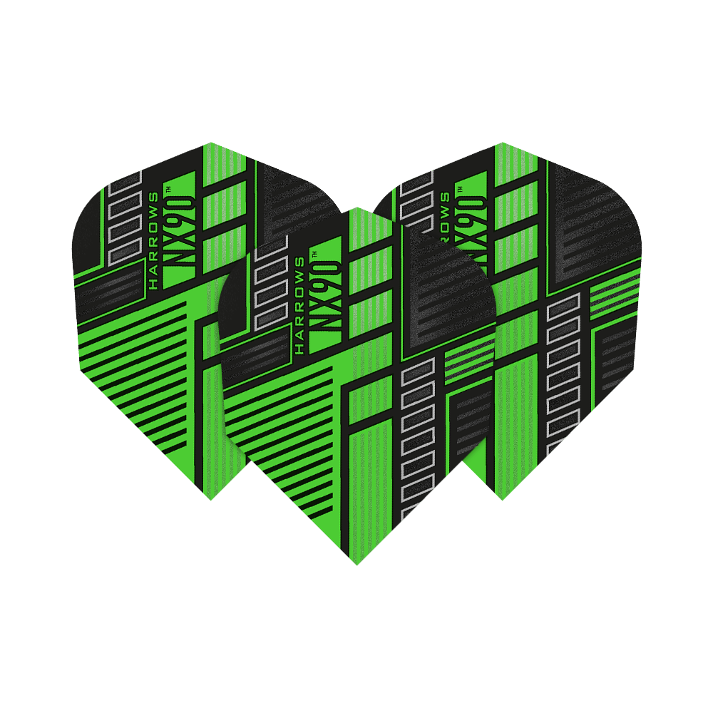 HR49_Harrows_Prime_NX90_Green_No6_Flights_15Ob7XLR5S1qp0 Das Bild zeigt drei Dartflights des Produkts "Harrows Prime NX90 Green". Die Flights sind in einem auffälligen grünen und schwarzen Design mit geometrischen Mustern gestaltet.