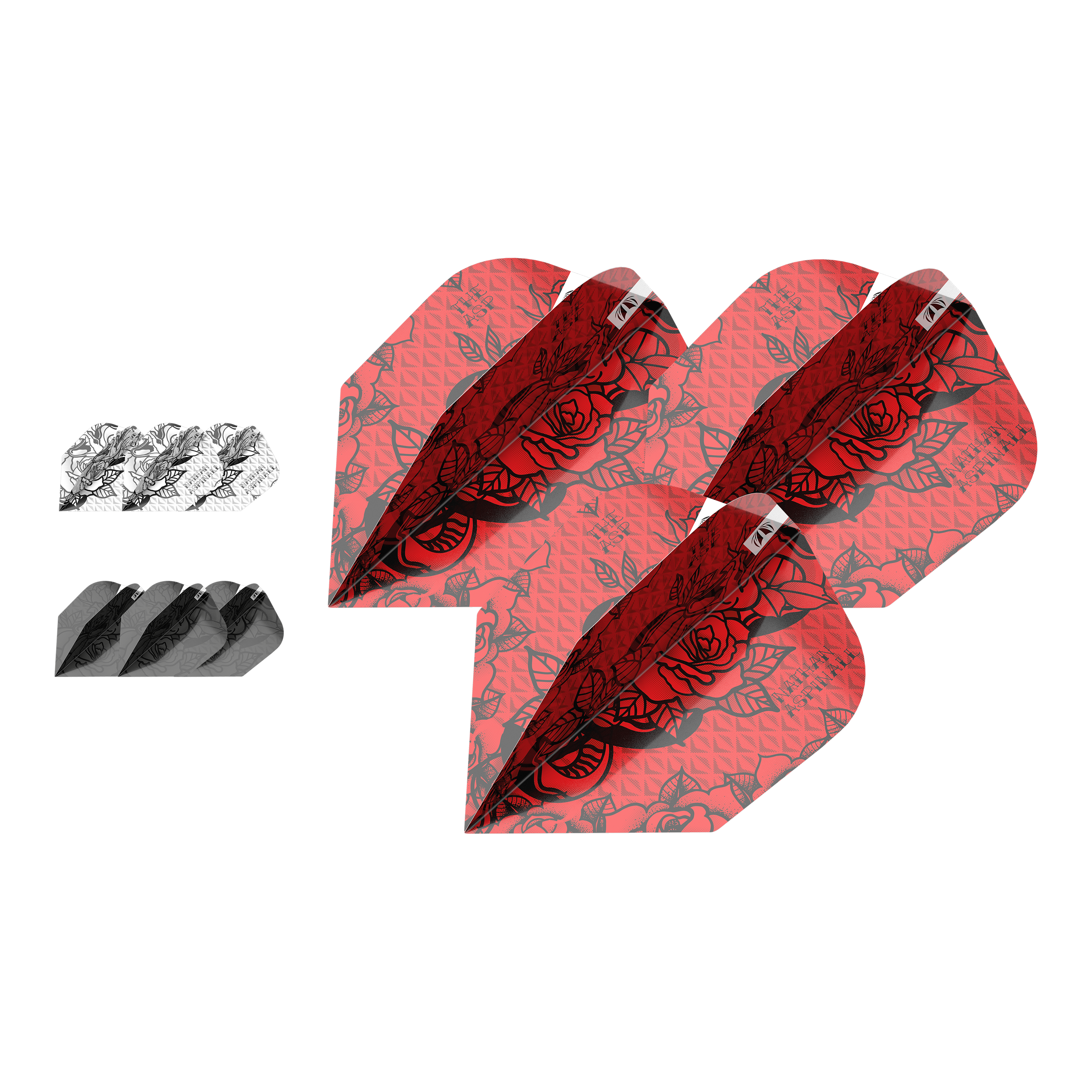 Target Ink Bundle 3 Sets Nathan Aspinall No6 Flights Das Bild zeigt drei Sets von Dart-Flights des Produkts "Target Ink Bundle 3 Sets Nathan Aspinall No6 Flights". Die Flights sind in Rot, Schwarz und Weiß mit auffälligem Muster gestaltet.