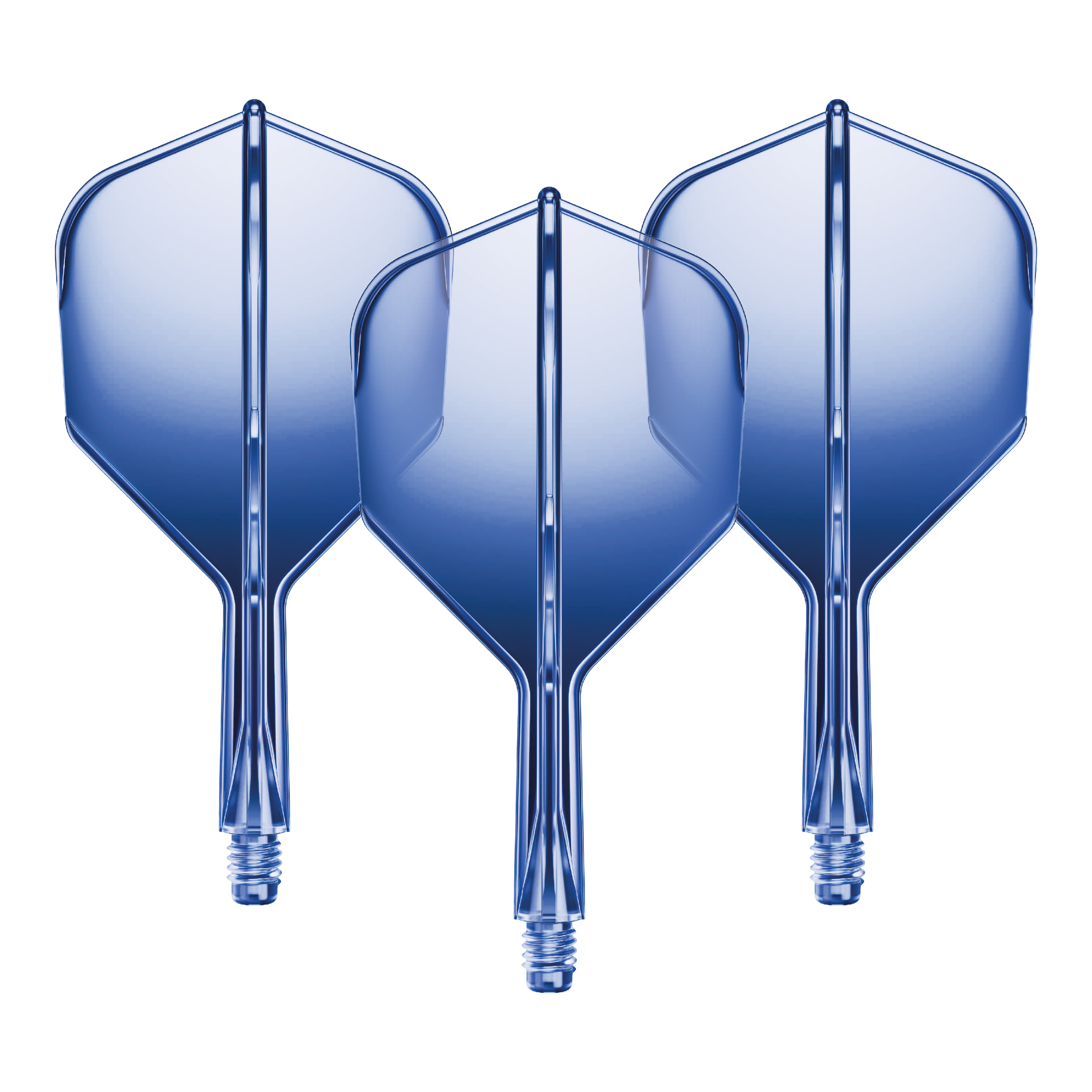 Auf dem Bild sind drei blaue Dartflights mit kurzen Schäften zu sehen. Sie stehen nebeneinander und haben eine glänzende Oberfläche.