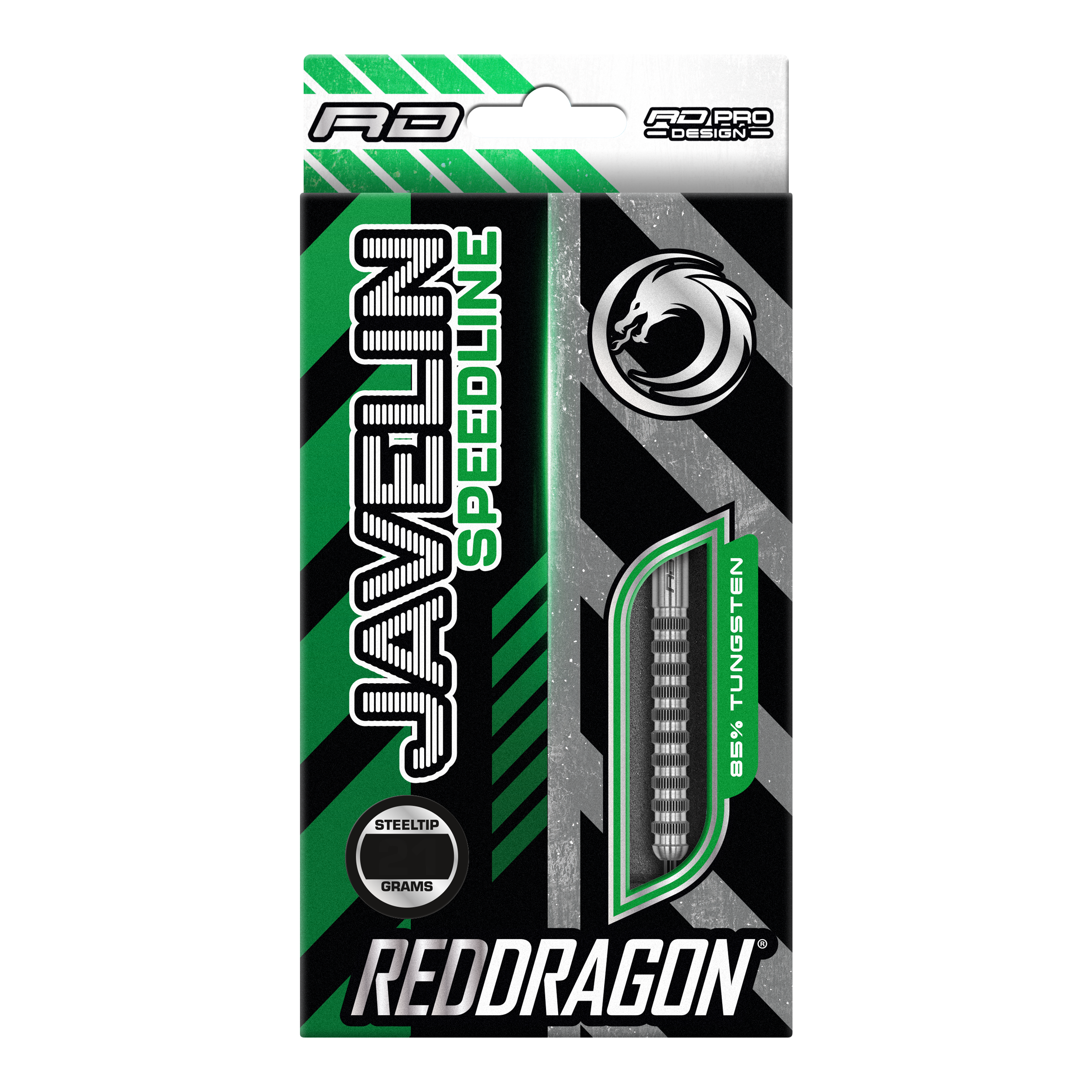 Red Dragon Javelin Speedline steel darts Die Abbildung zeigt die Verpackung der "Red Dragon Javelin Speedline Steeldarts". Die Packung ist grün, schwarz und silber, mit einem Sichtfenster für die Darts und auffälligem Drachen-Logo.