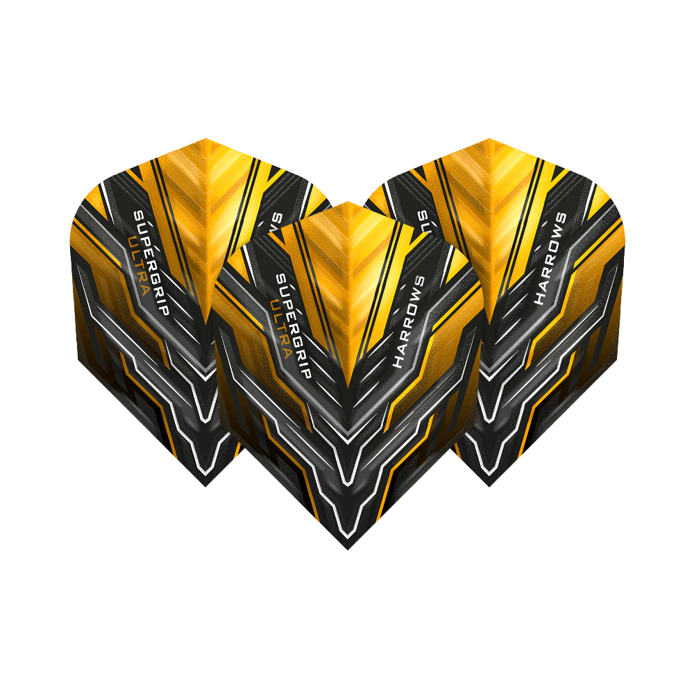 HR12_Harrows_Supergrip_Ultra_Sunset_Gold_Standard_Flights_1Cpvtdmbk5VoW5 Das Bild zeigt drei Dart-Flights mit dem Namen „Harrows Supergrip Ultra Sunset Gold Standard Flights“. Die Flights haben ein auffälliges Design in Gold, Schwarz und Silber mit grafischen Mustern und Schriftzügen.