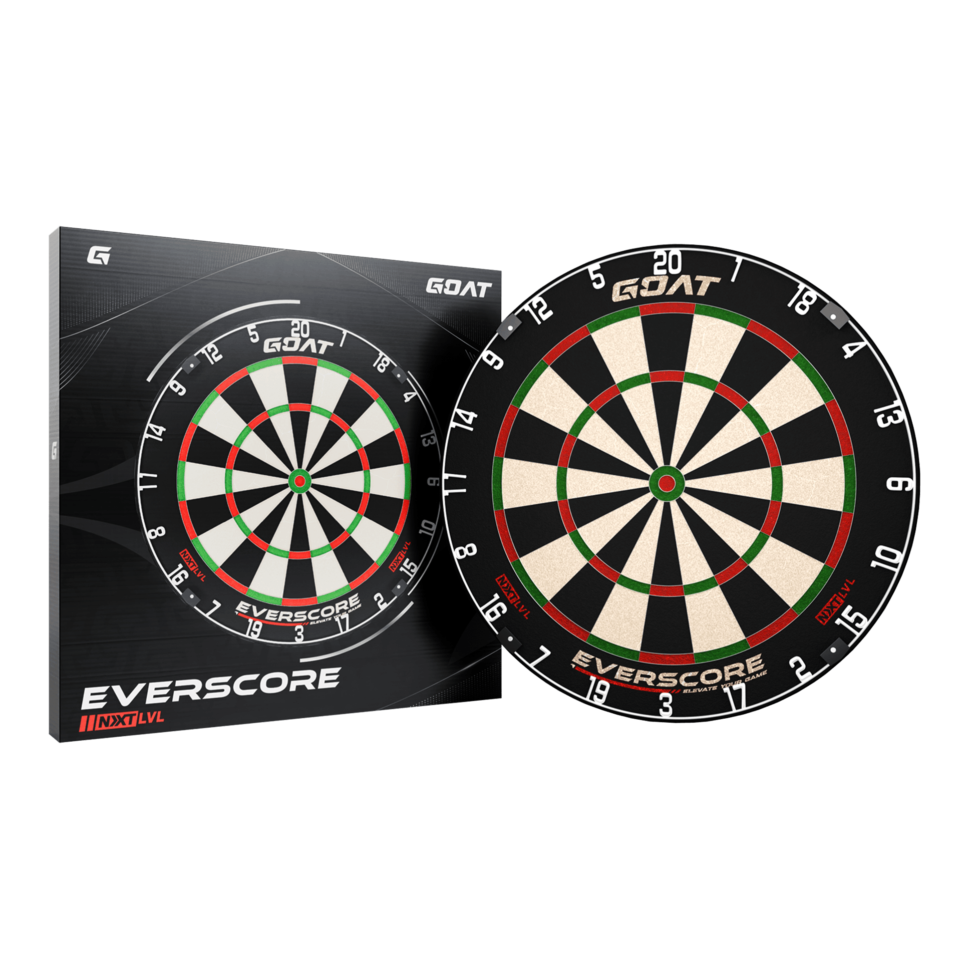 GOAT Everscore Steel Dartboard Das Bild zeigt das Produkt "GOAT Everscore Steeldartboard" zusammen mit seiner Verpackung. Das Dartboard hat ein klassisches Design mit schwarzen, weißen, roten und grünen Feldern.