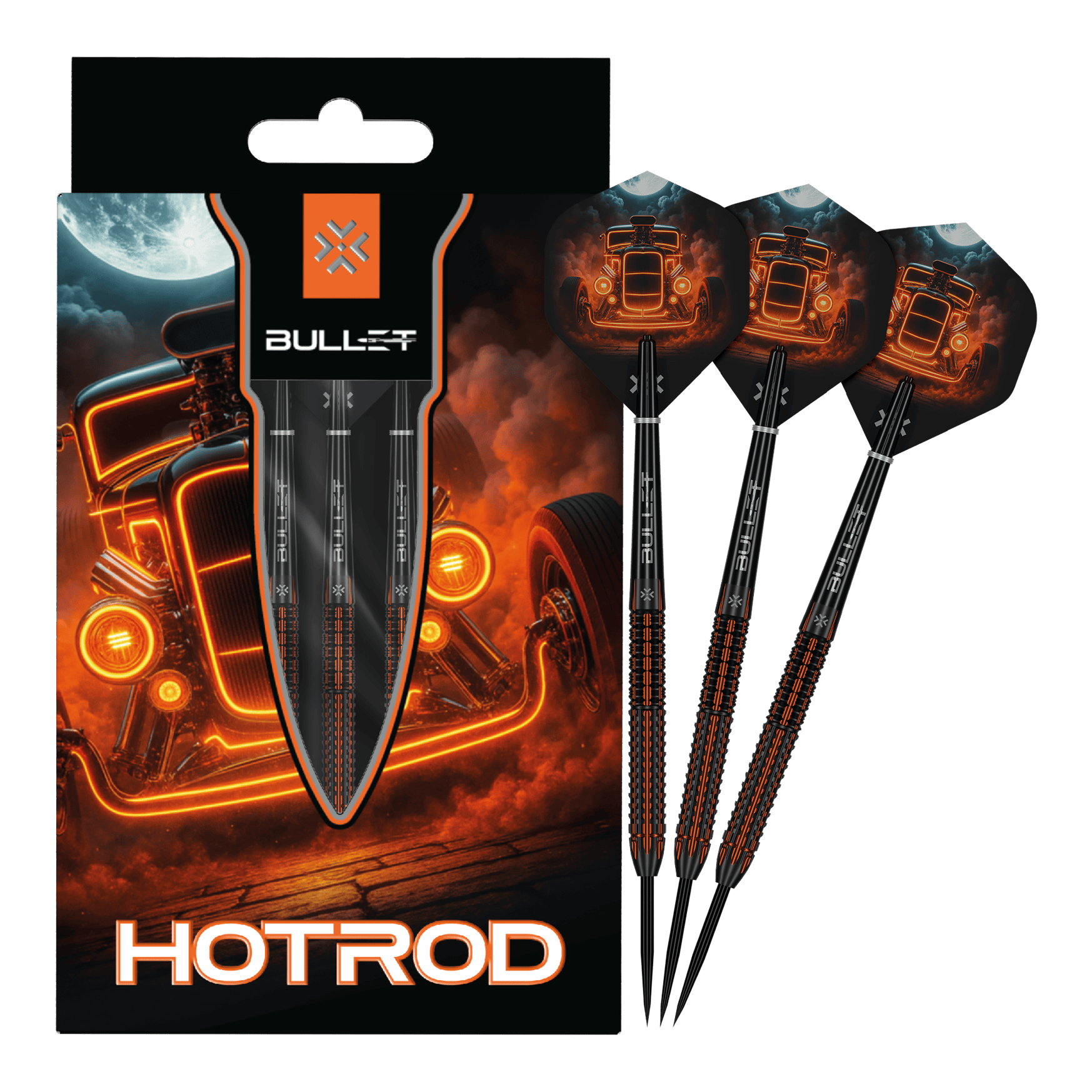 Bullet Hotrod Steeldarts sind zu sehen. Das Bild zeigt das vollständige Set der Steeldarts.